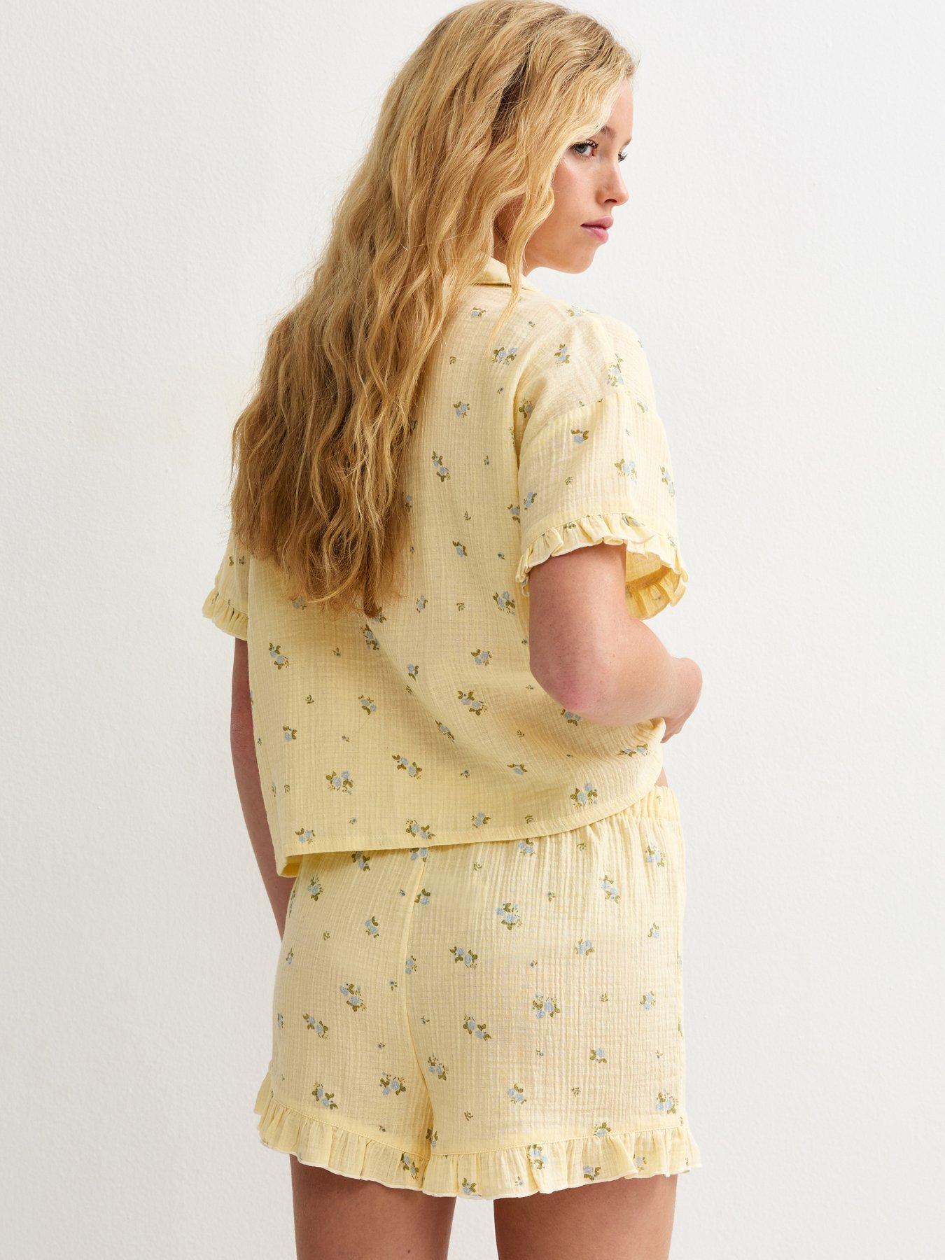 Image 2 of 5 of New Look Crinkled Cotton Floral Shirt And Shorts Pyjama Set - Yellow