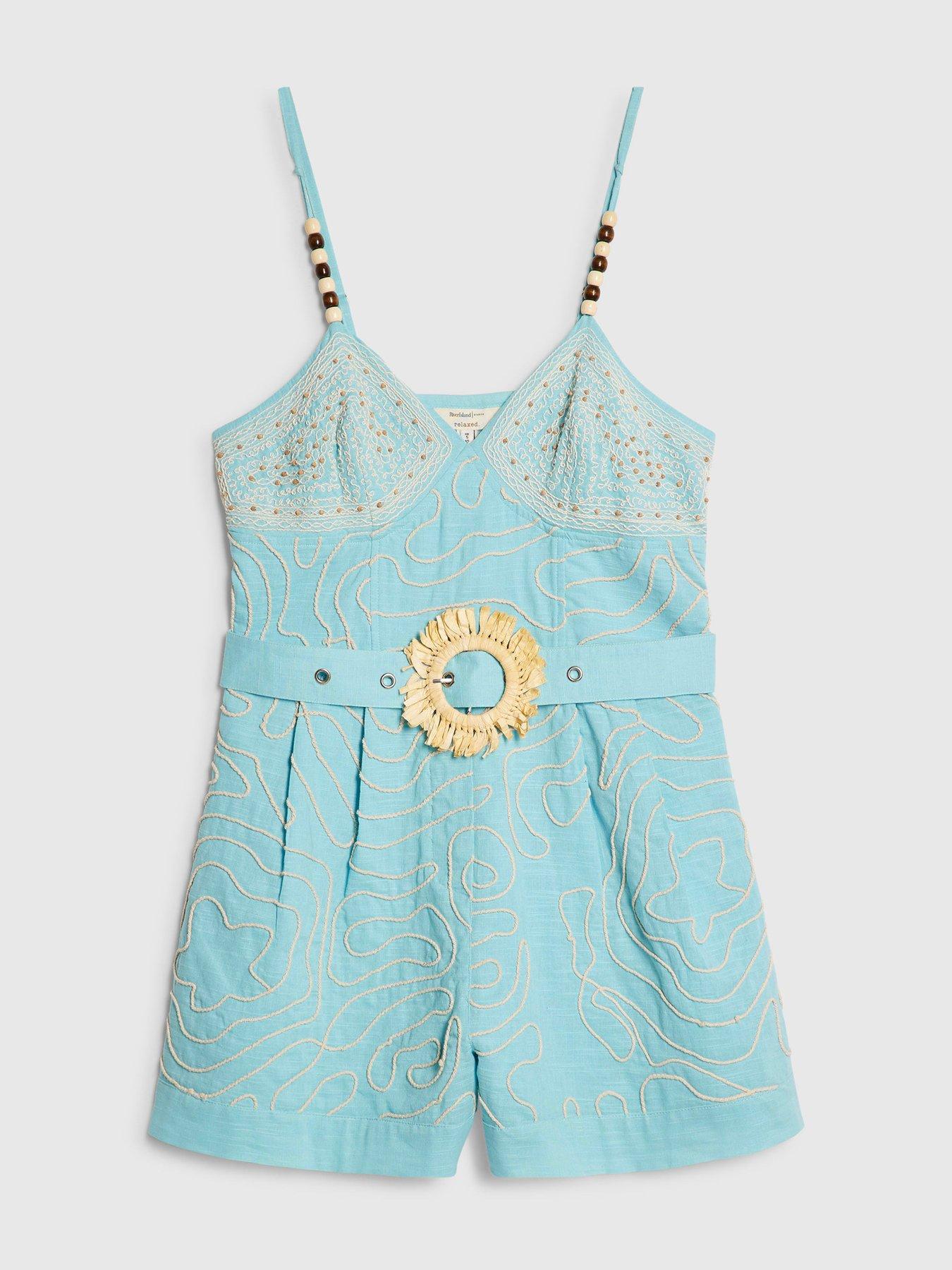 Image 6 of 6 of River Island Embroidered Straw Belt Detail Playsuit - Blue