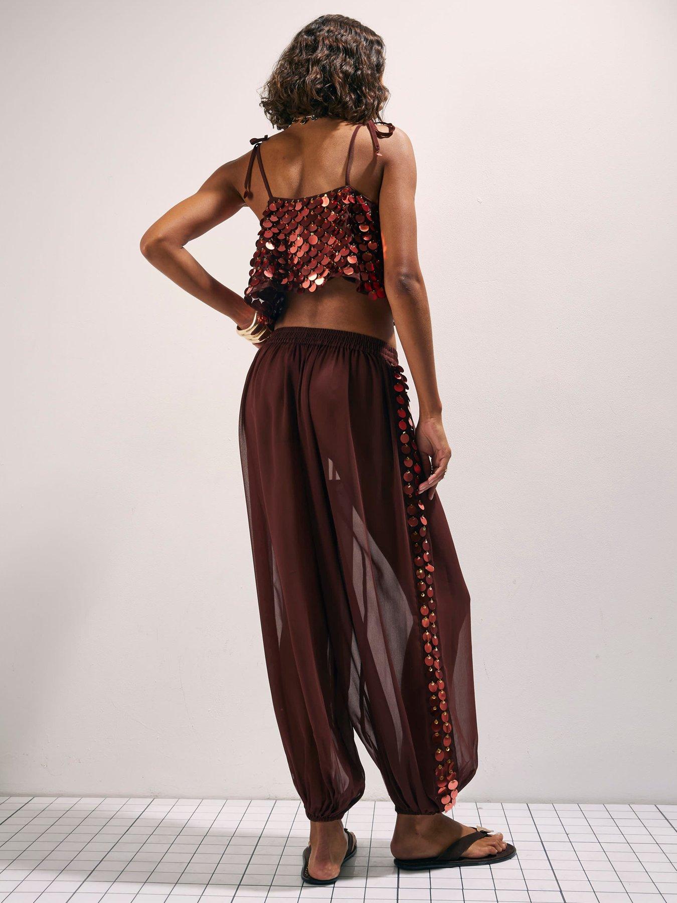 Image 2 of 6 of River Island Sequin Side Panel Balloon Trousers - Brown