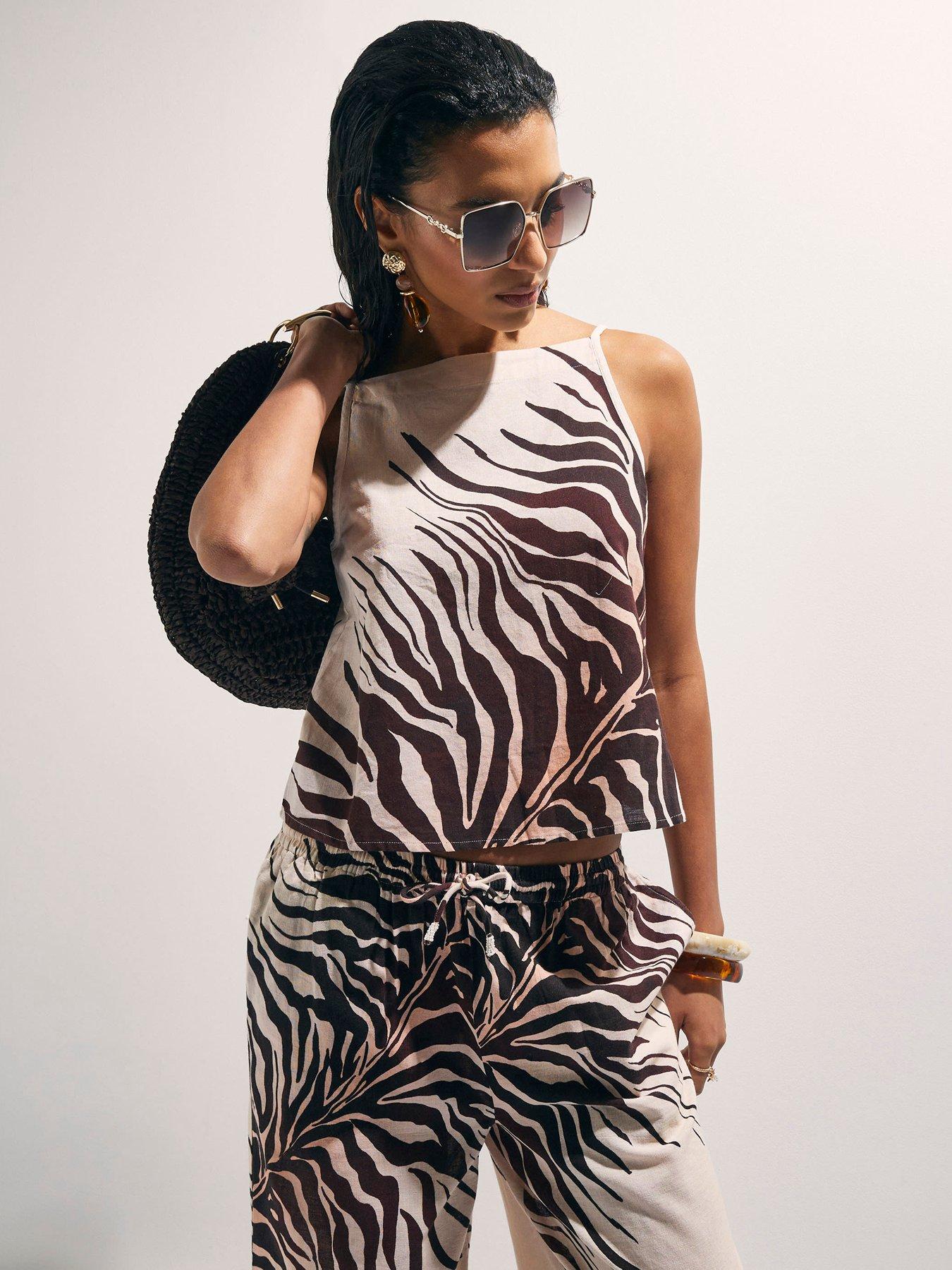 Image 1 of 4 of River Island Animal Print Linen Blend Tank - Cream