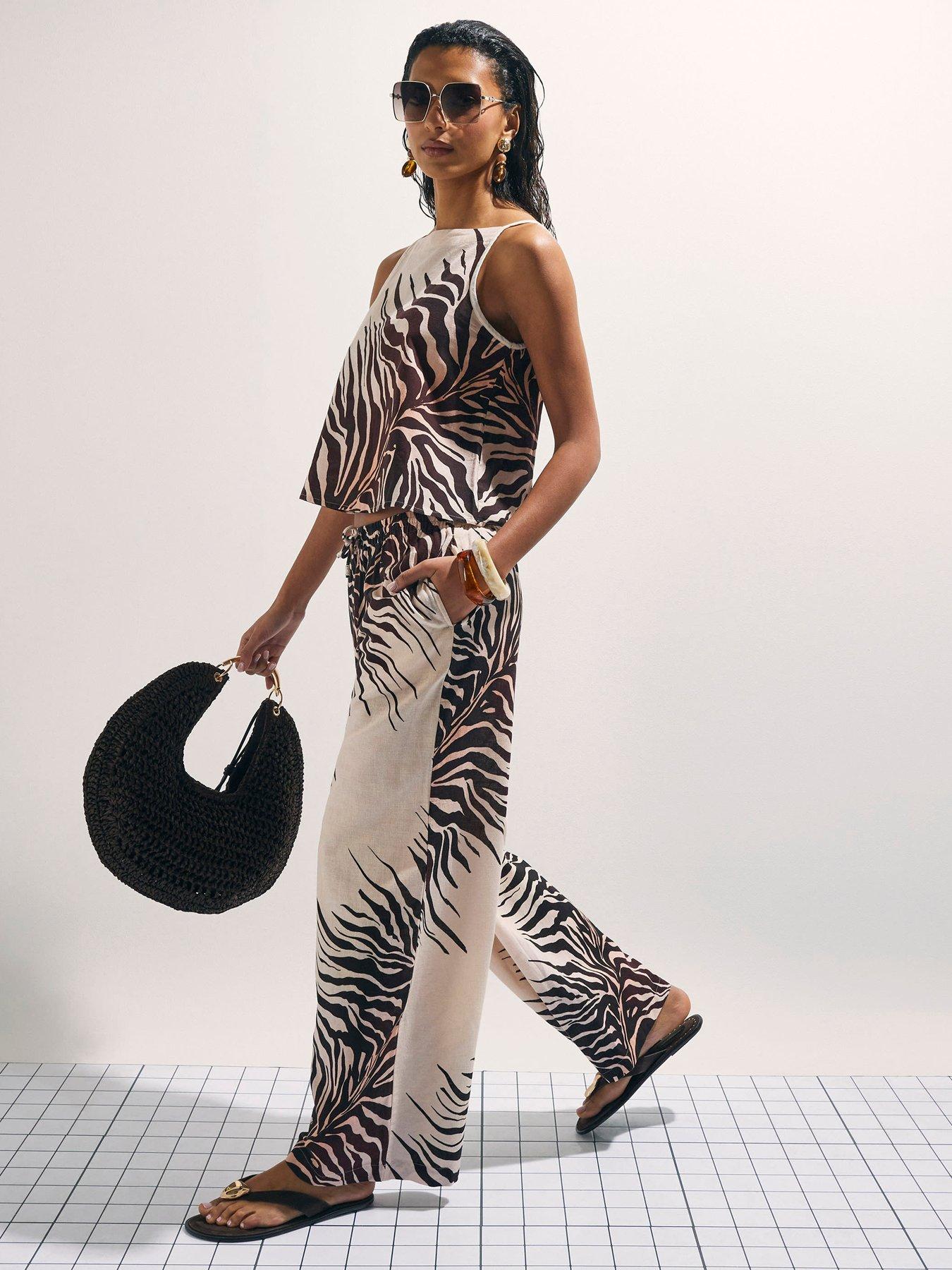 River Island Animal Printed Linen Trousers - Cream
