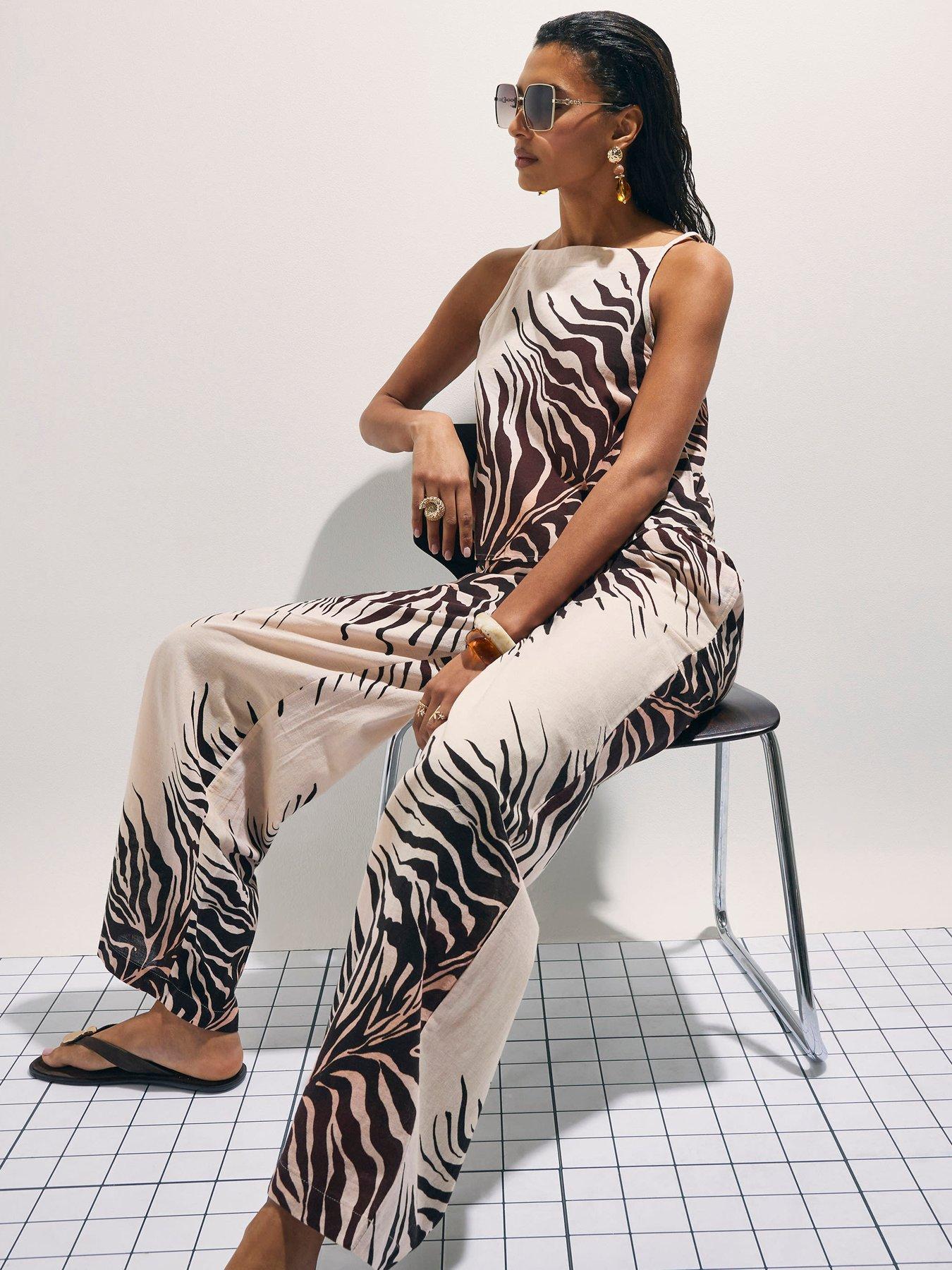 Image 3 of 4 of River Island Animal Printed Linen Trousers - Cream