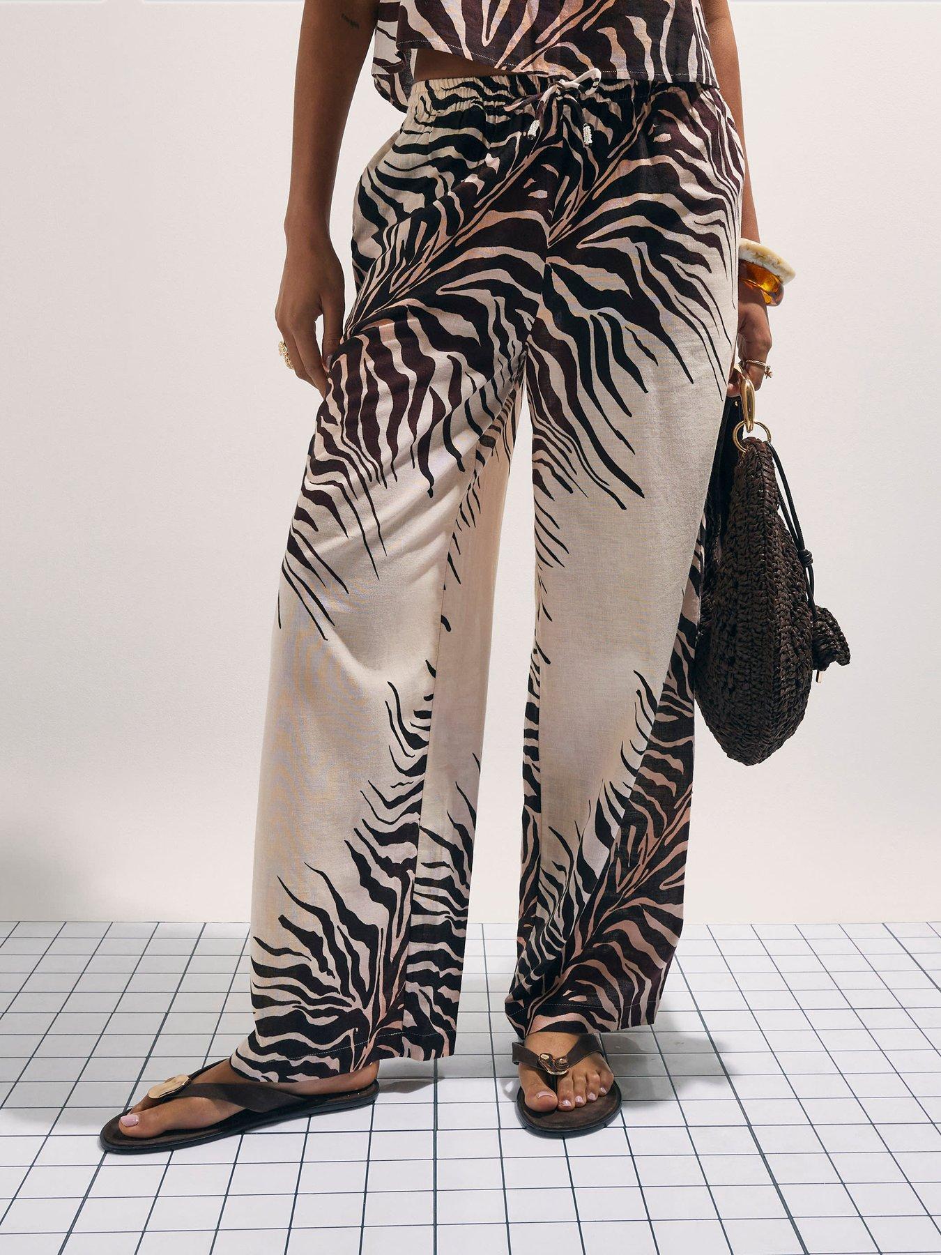 Image 4 of 4 of River Island Animal Printed Linen Trousers - Cream