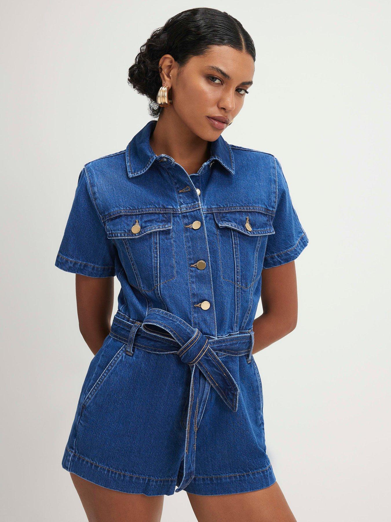 River Island Short Sleeve Denim Playsuit - Blue
