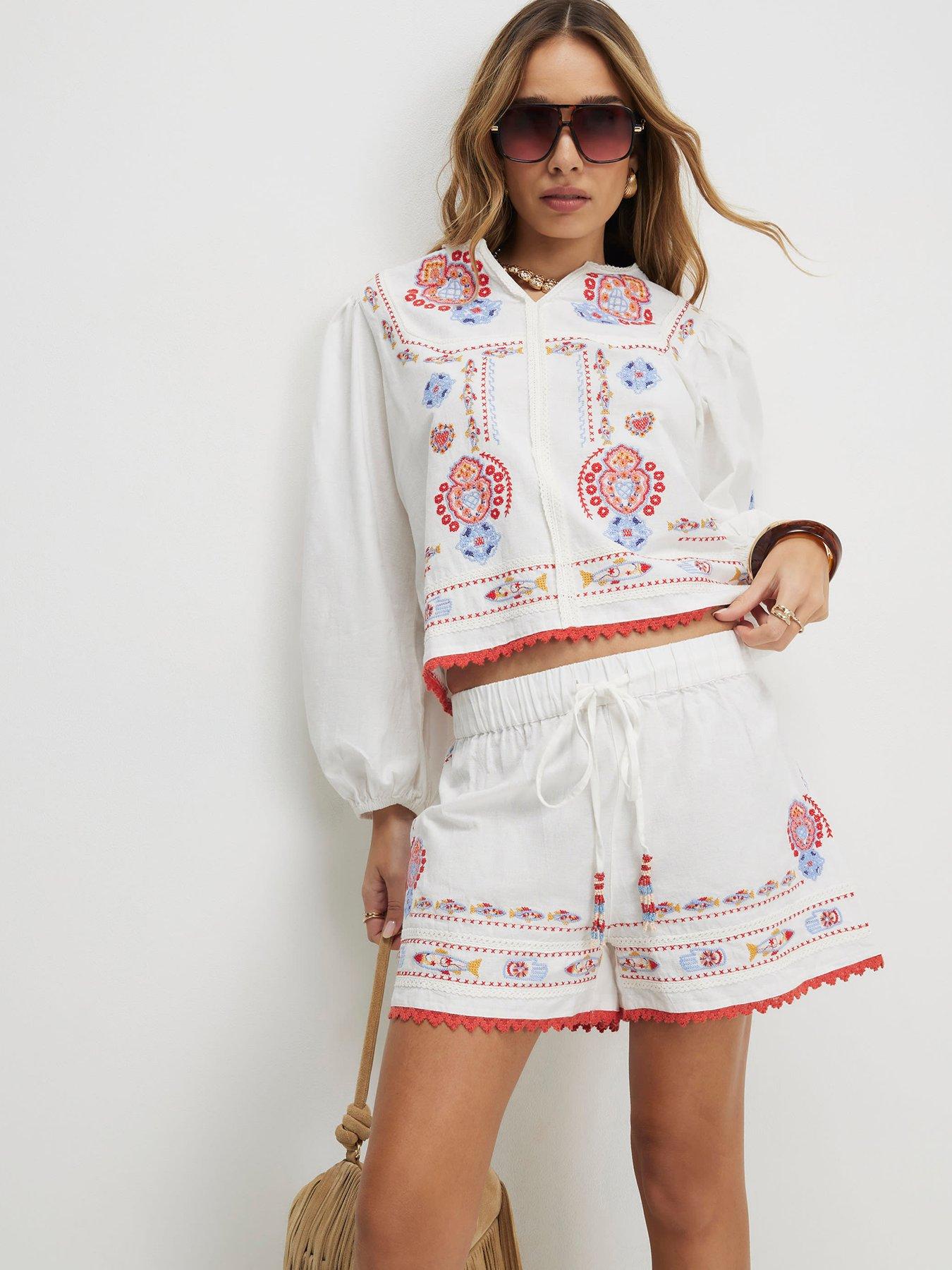 River Island White Embroidered Mexicana Shorts Co-ord