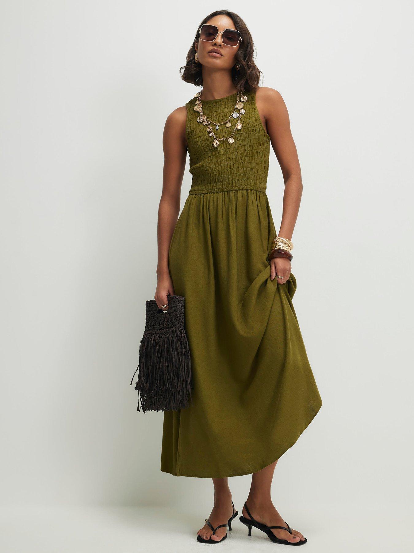 River Island Linen Shirred Boat Neck Midi Dress - Green