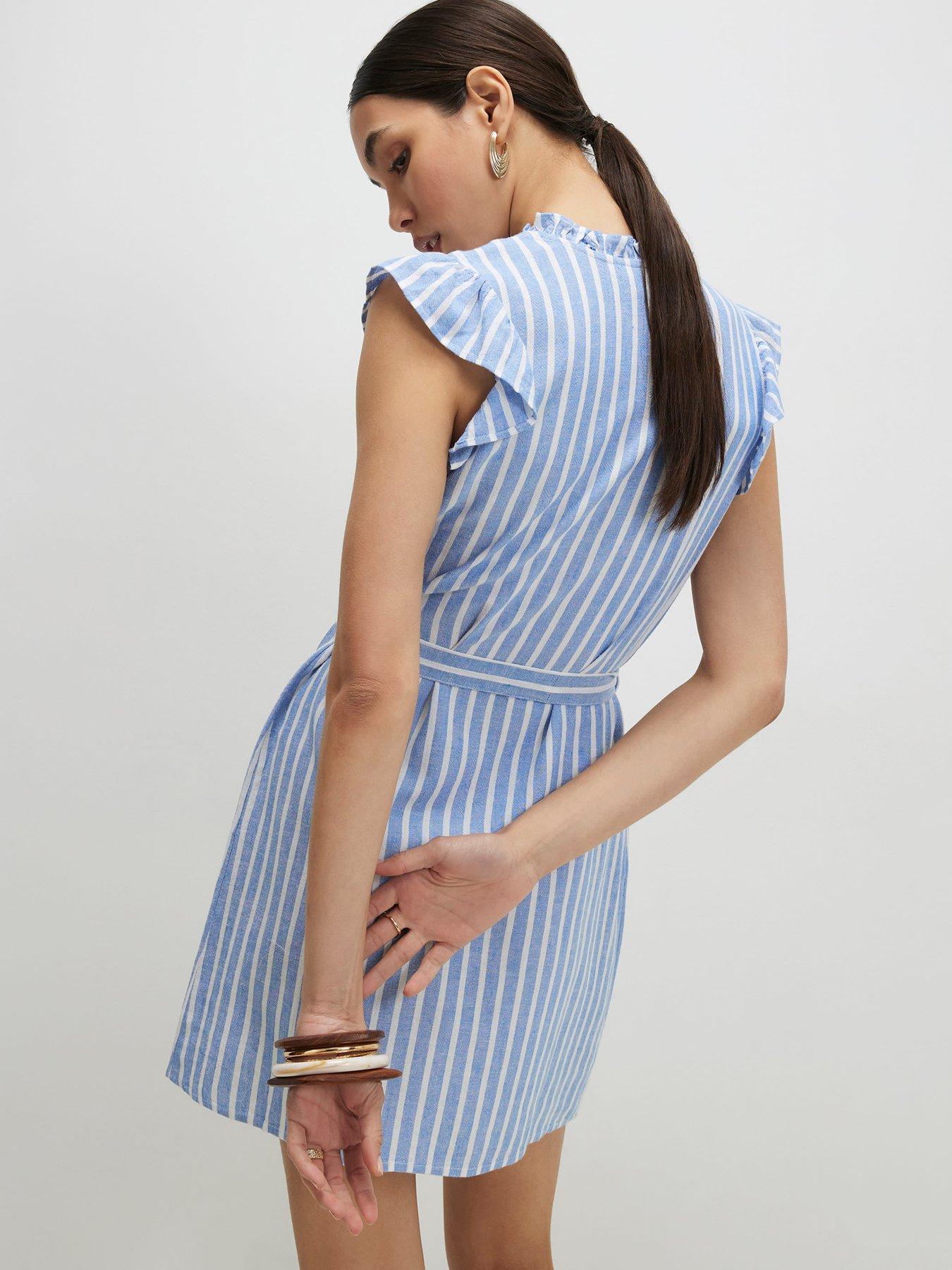 Image 2 of 6 of River Island Linen Frill Belt Dress - Blue