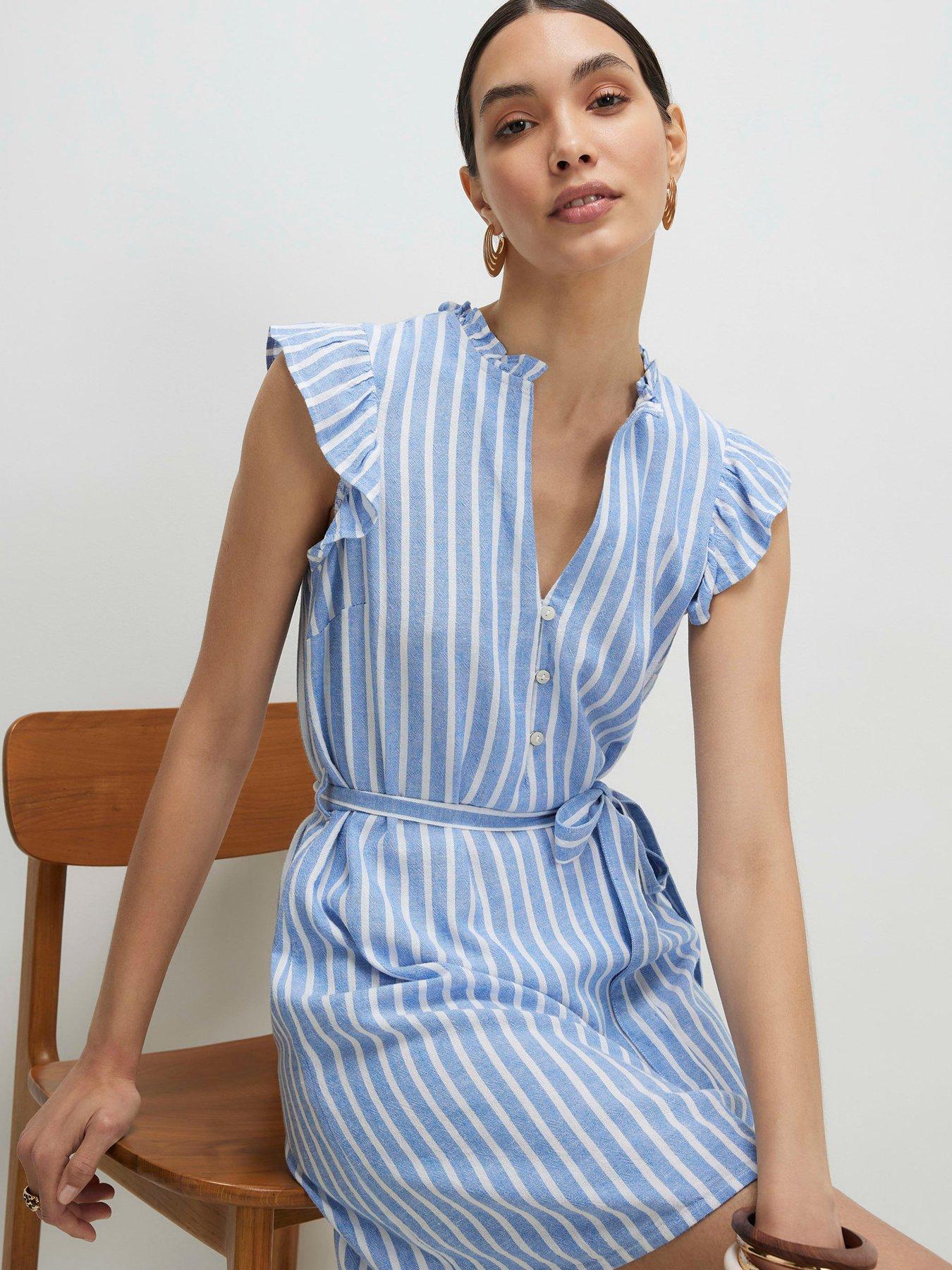Image 4 of 6 of River Island Linen Frill Belt Dress - Blue