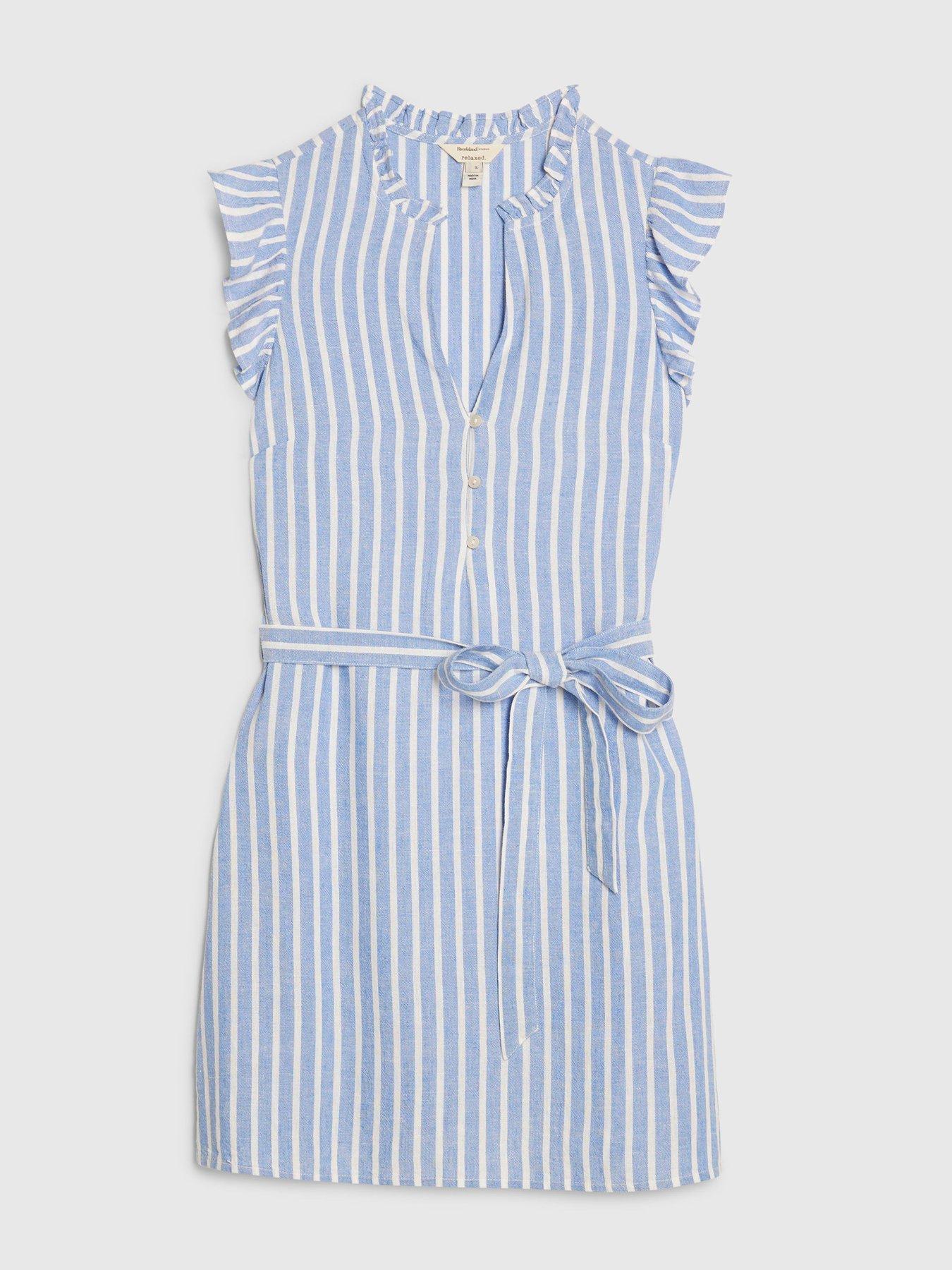 Image 5 of 6 of River Island Linen Frill Belt Dress - Blue