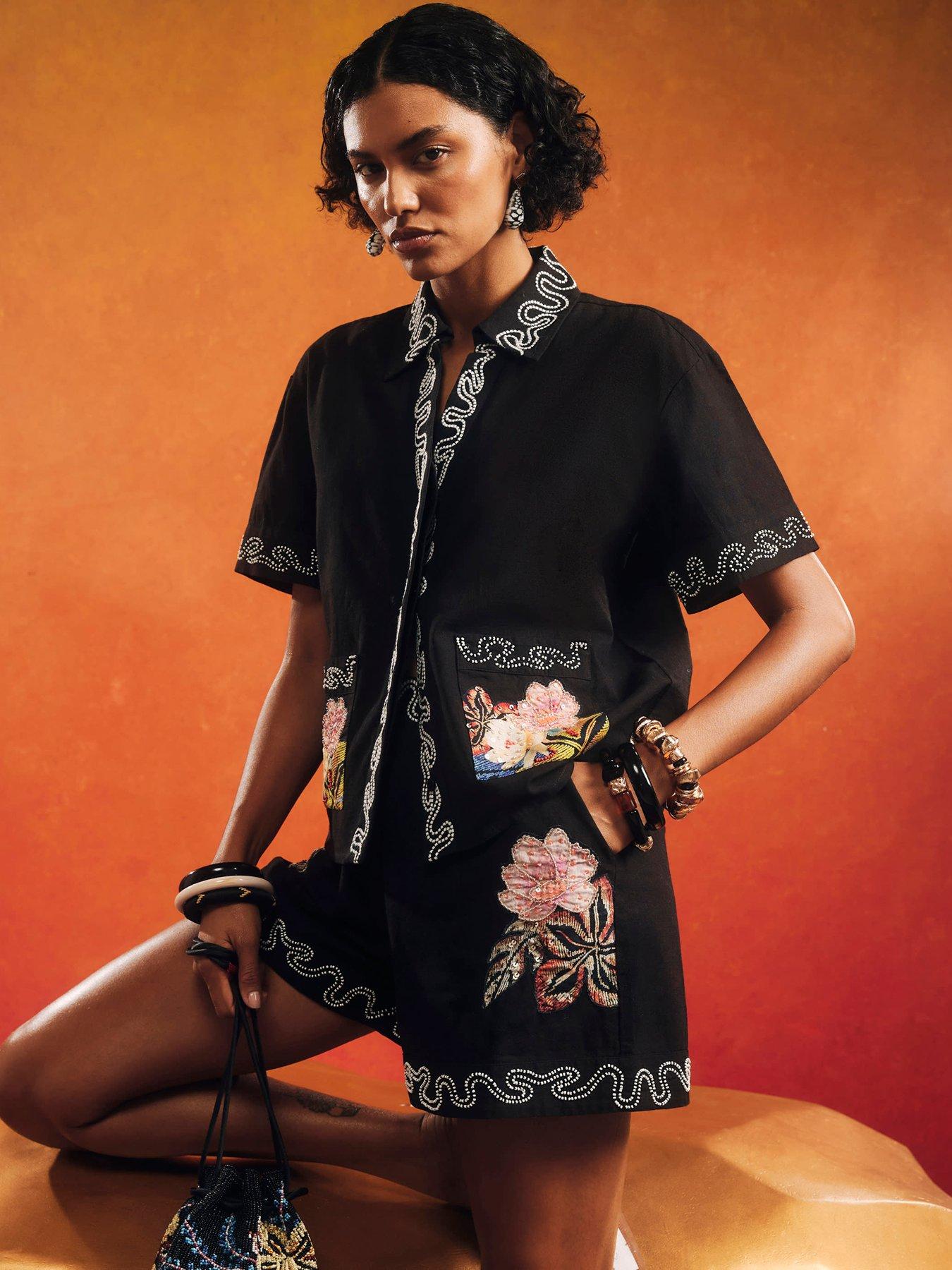 River Island Terry De Havilland Beaded Floral Co-Ord Shorts - Black