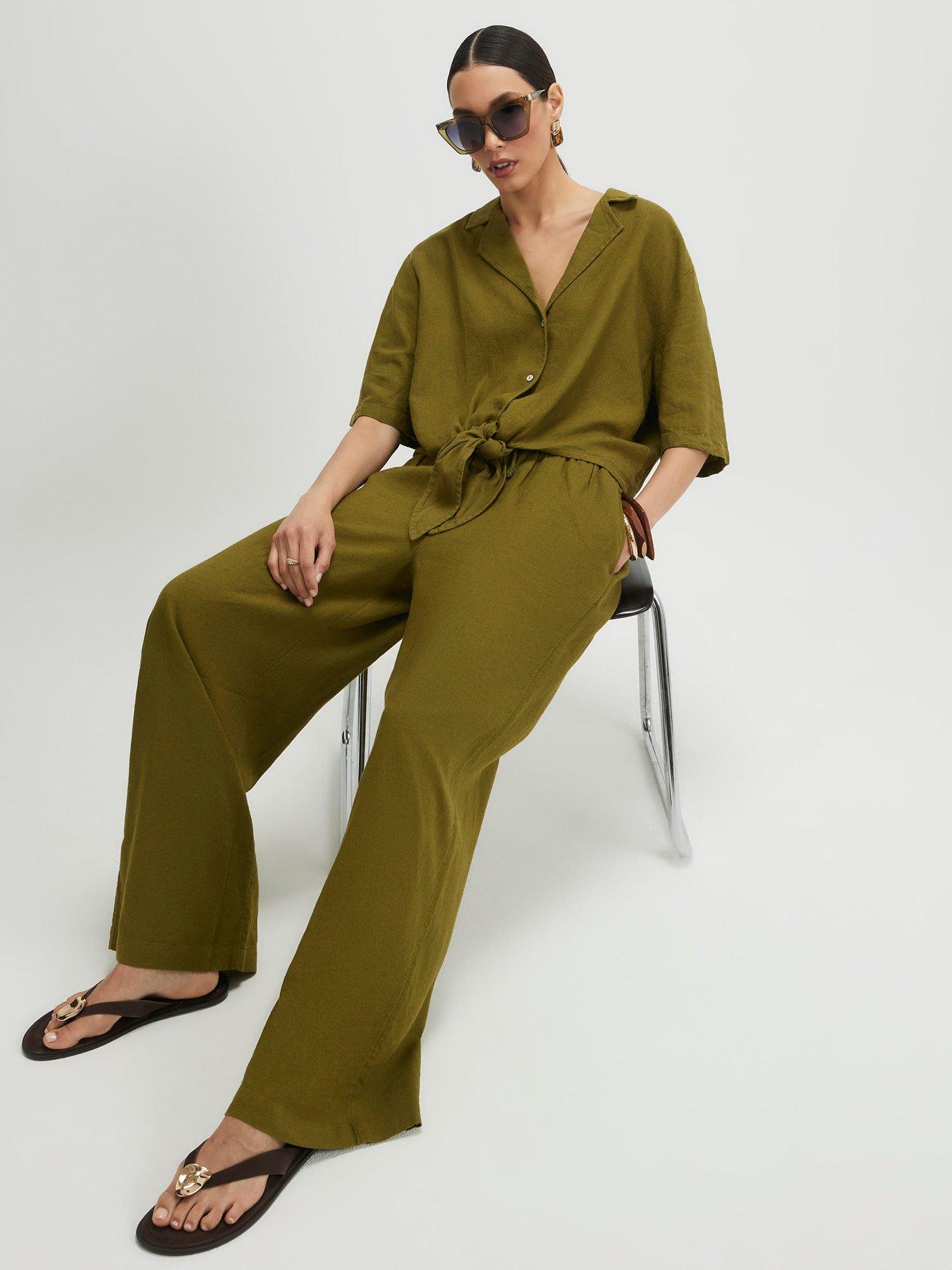 River Island Linen Blend Co-ord Wide Leg Trousers - Green