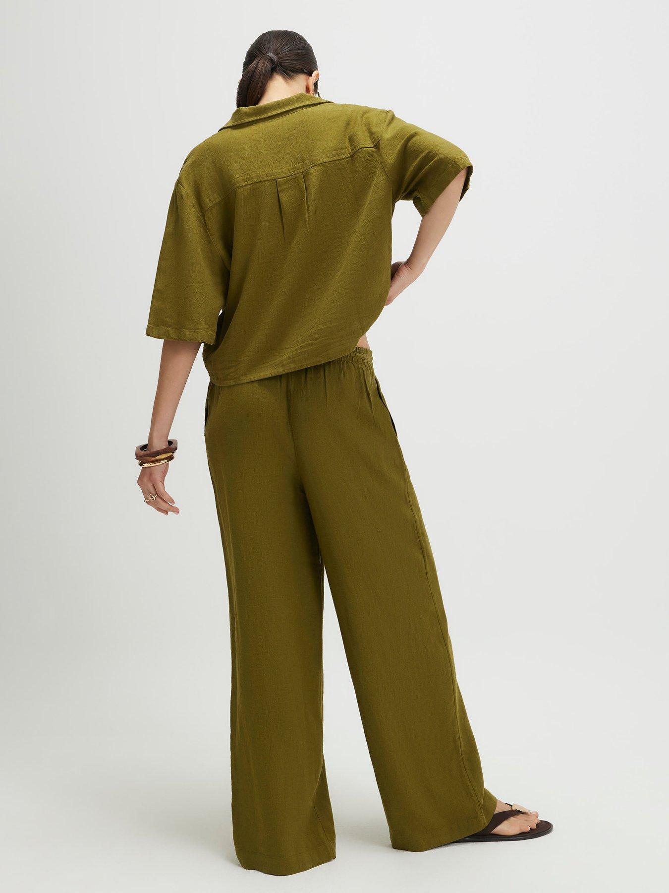 Image 2 of 4 of River Island Linen Blend Wide Leg Trousers - Green