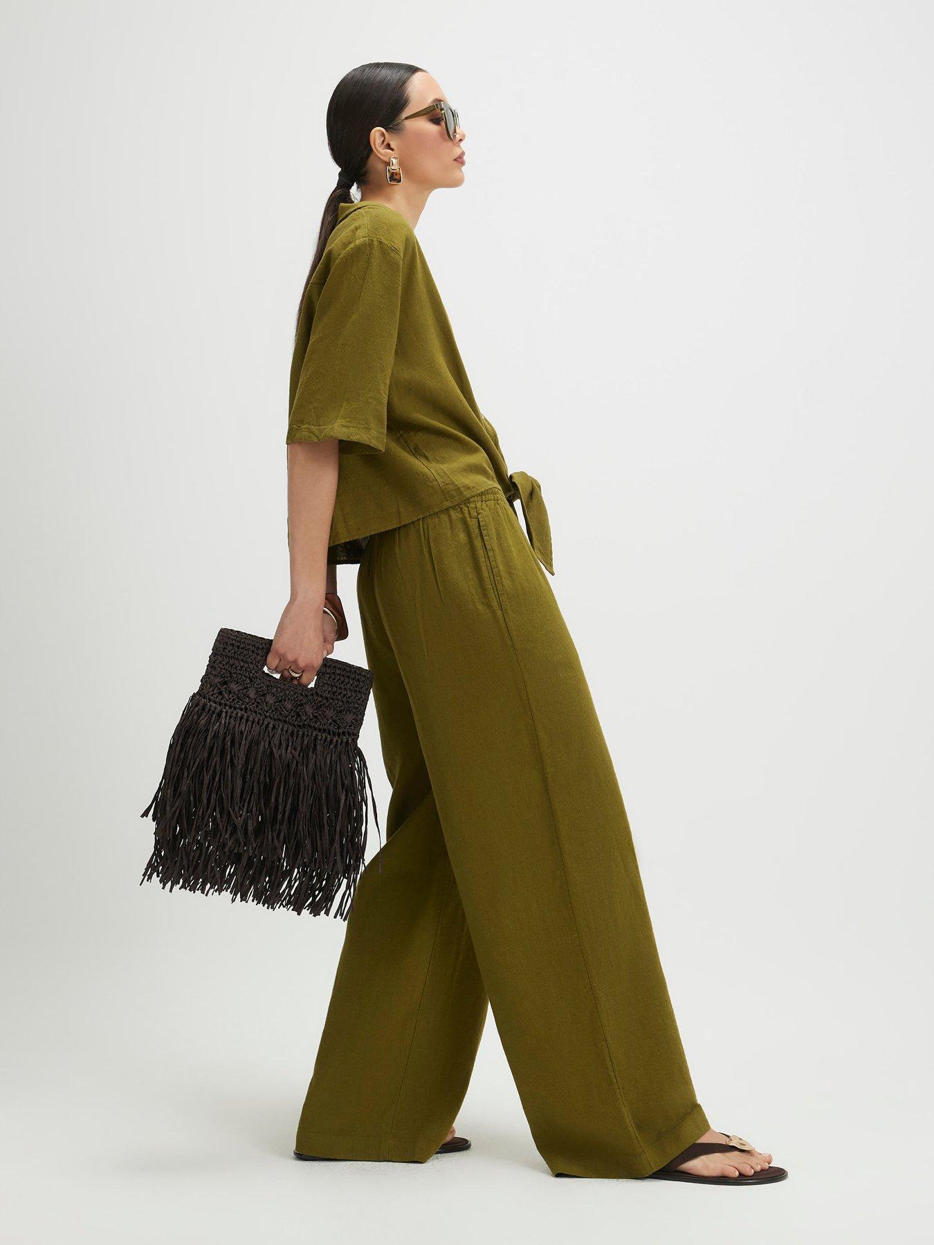Image 3 of 4 of River Island Linen Blend Wide Leg Trousers - Green