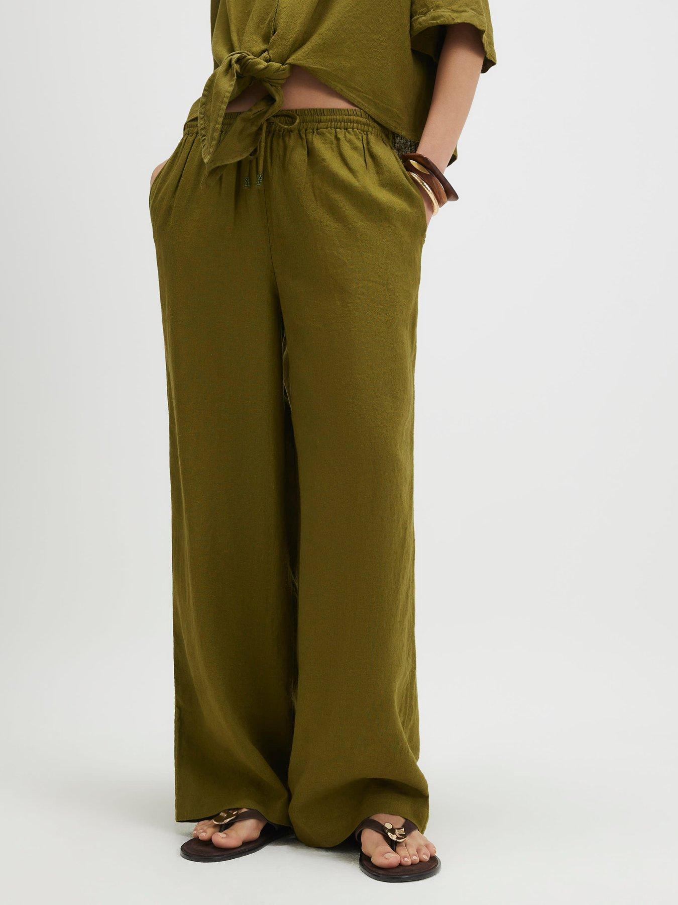 Image 4 of 4 of River Island Linen Blend Wide Leg Trousers - Green