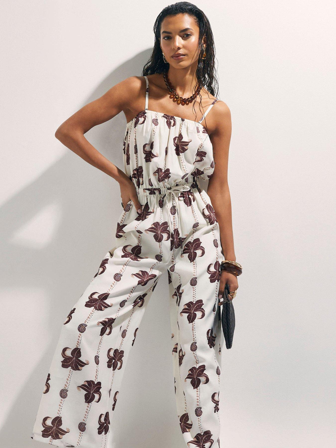 Image 3 of 6 of River Island Palm Print Jumpsuit - Cream