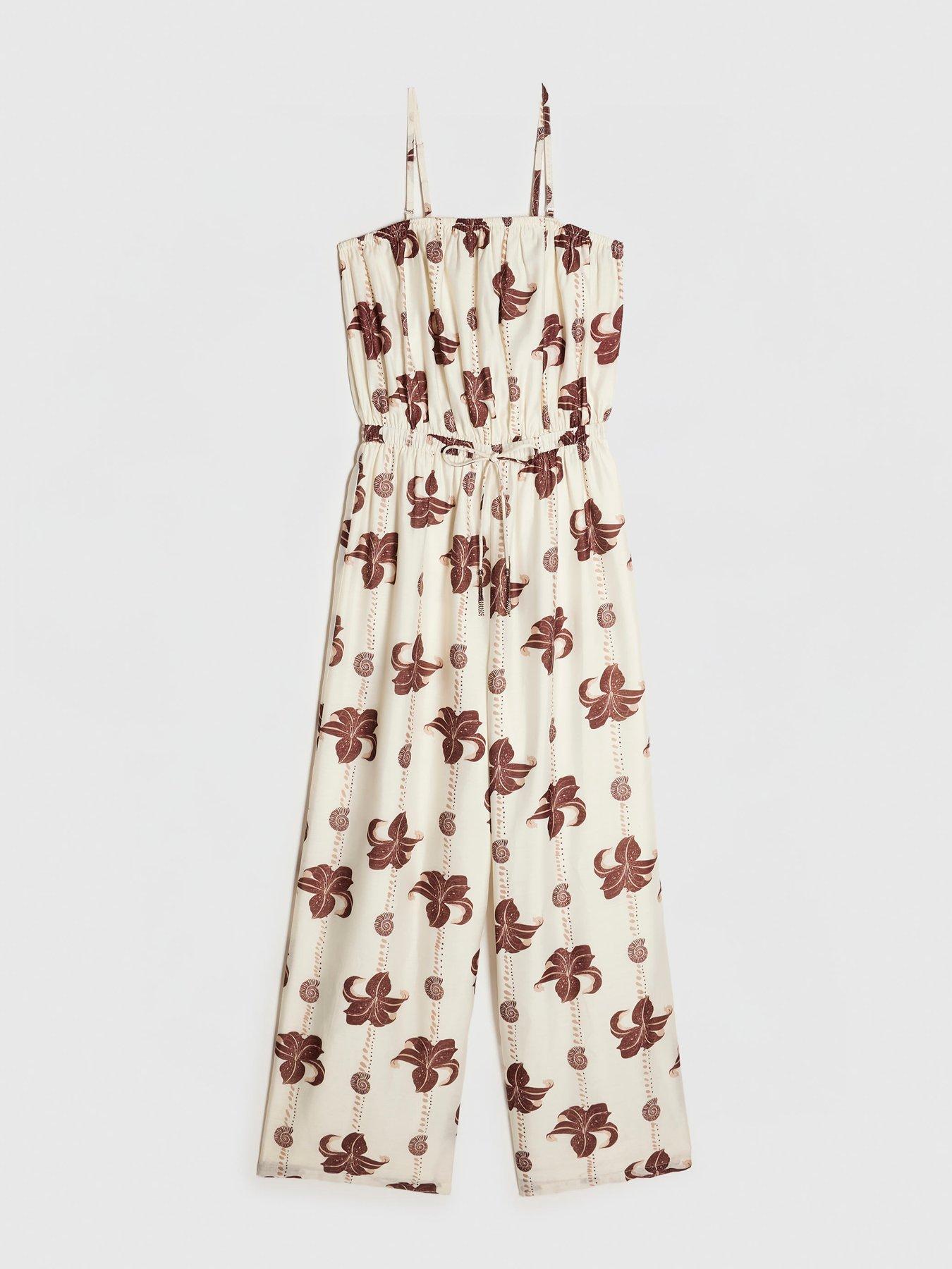 Image 5 of 6 of River Island Palm Print Jumpsuit - Cream