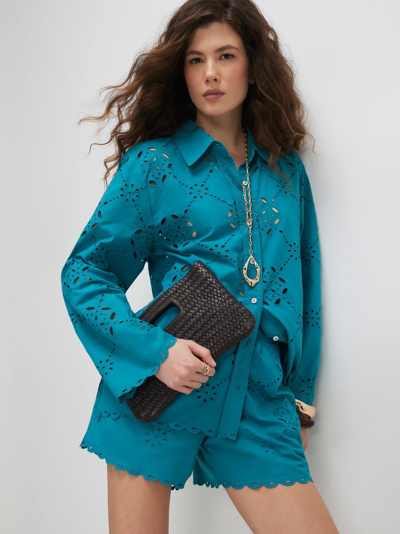 Image 1 of 6 of River Island Blue Poplin Cutwork Shirt Co-ord