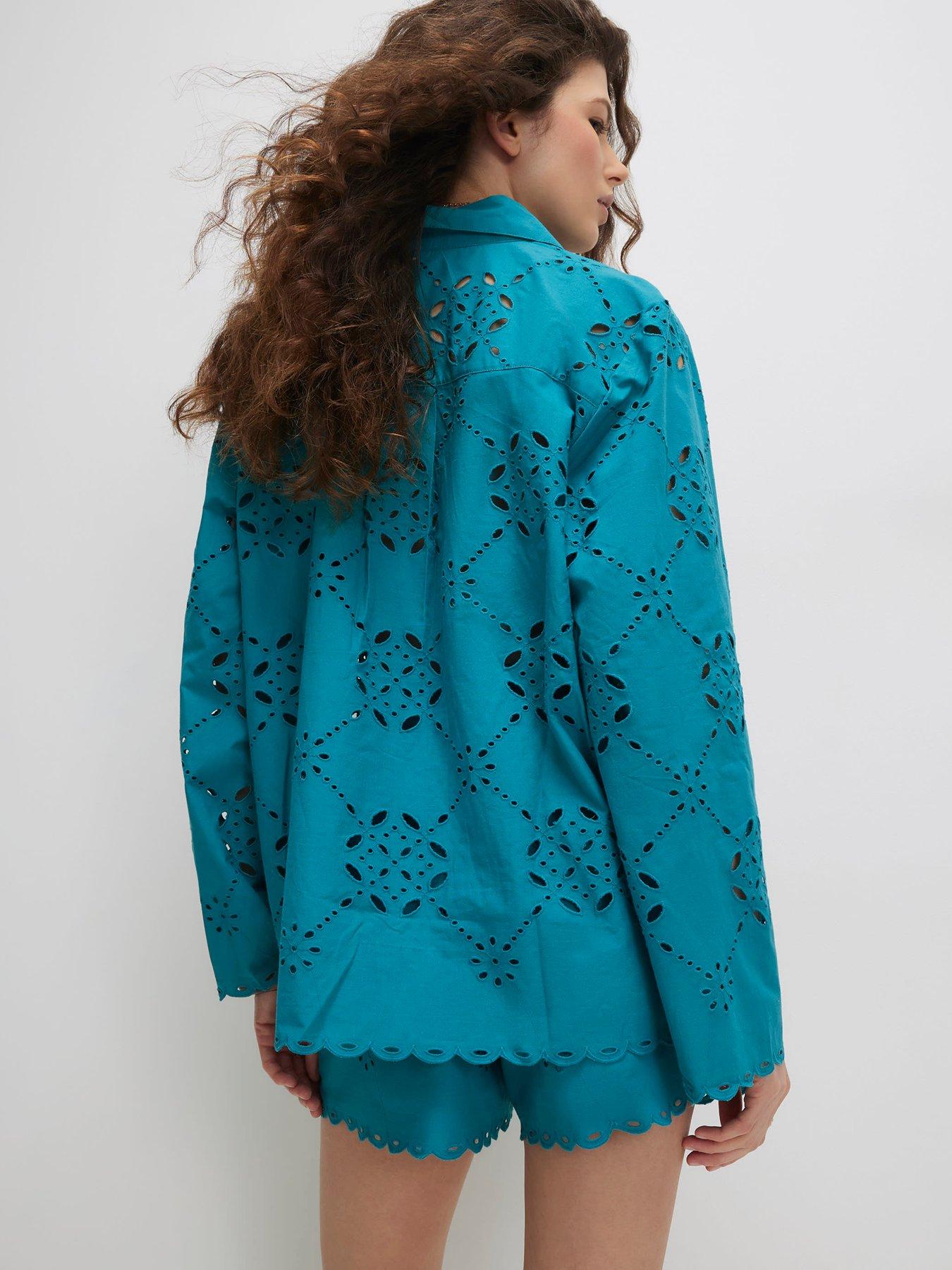 Image 2 of 6 of River Island Blue Poplin Cutwork Shirt Co-ord