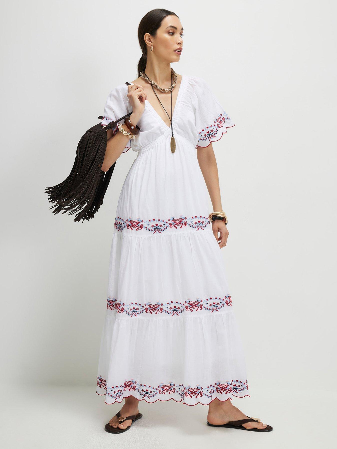 River Island Emb Resort Maxi Dress- White