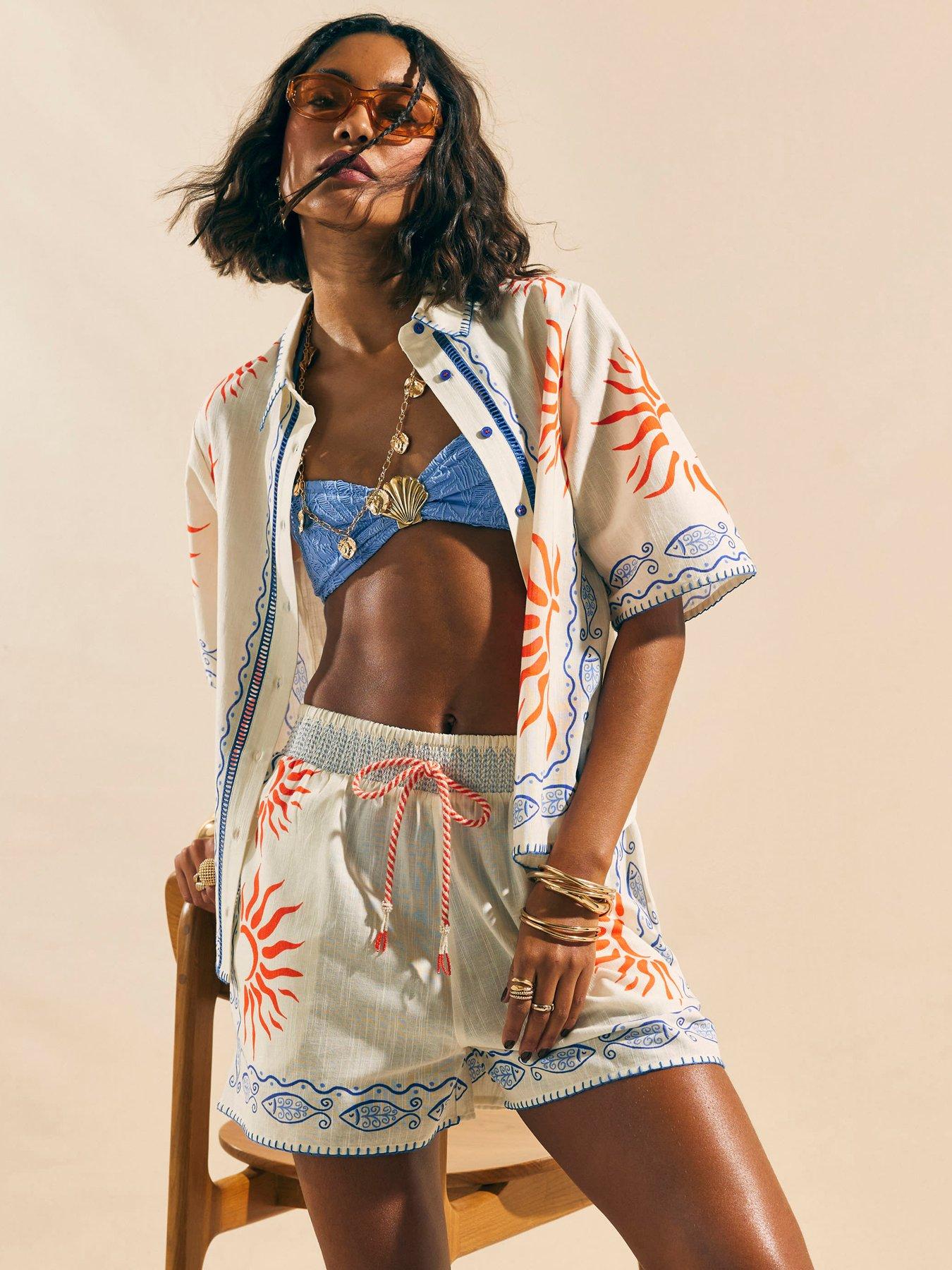 Image 1 of 4 of River Island Sun Printed Tie Waist Short - Cream