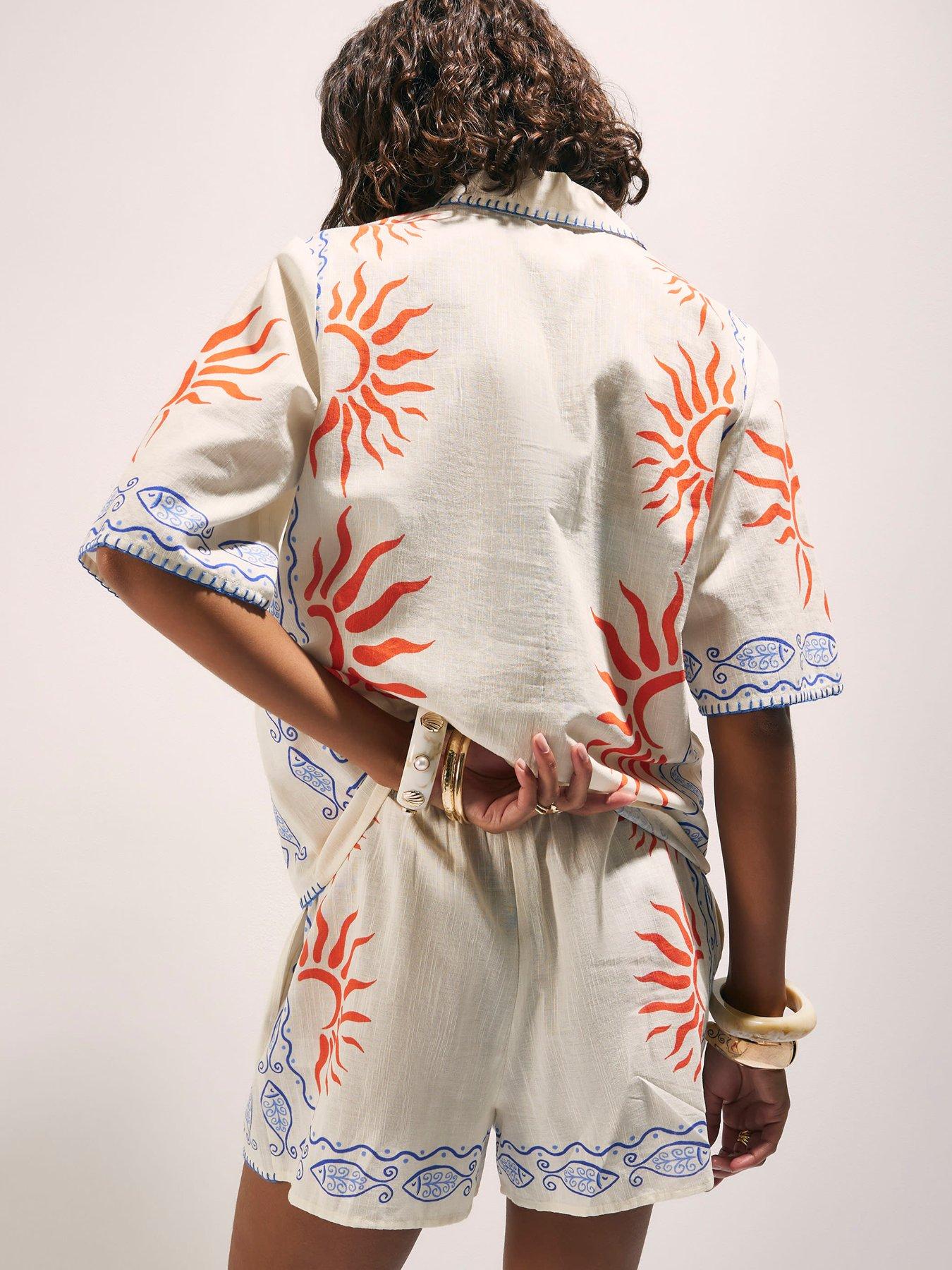 Image 2 of 4 of River Island Sun Printed Tie Waist Short - Cream