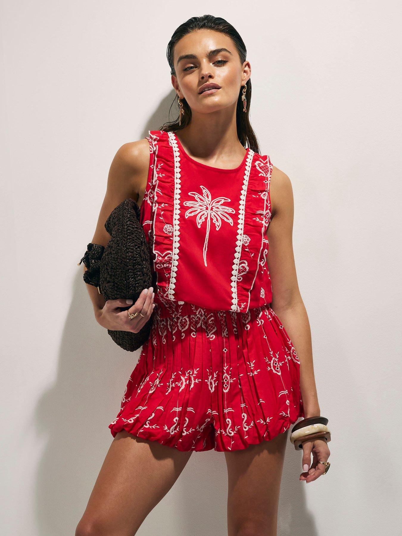 River Island Tropical Print Embroidered Playsuit - Red