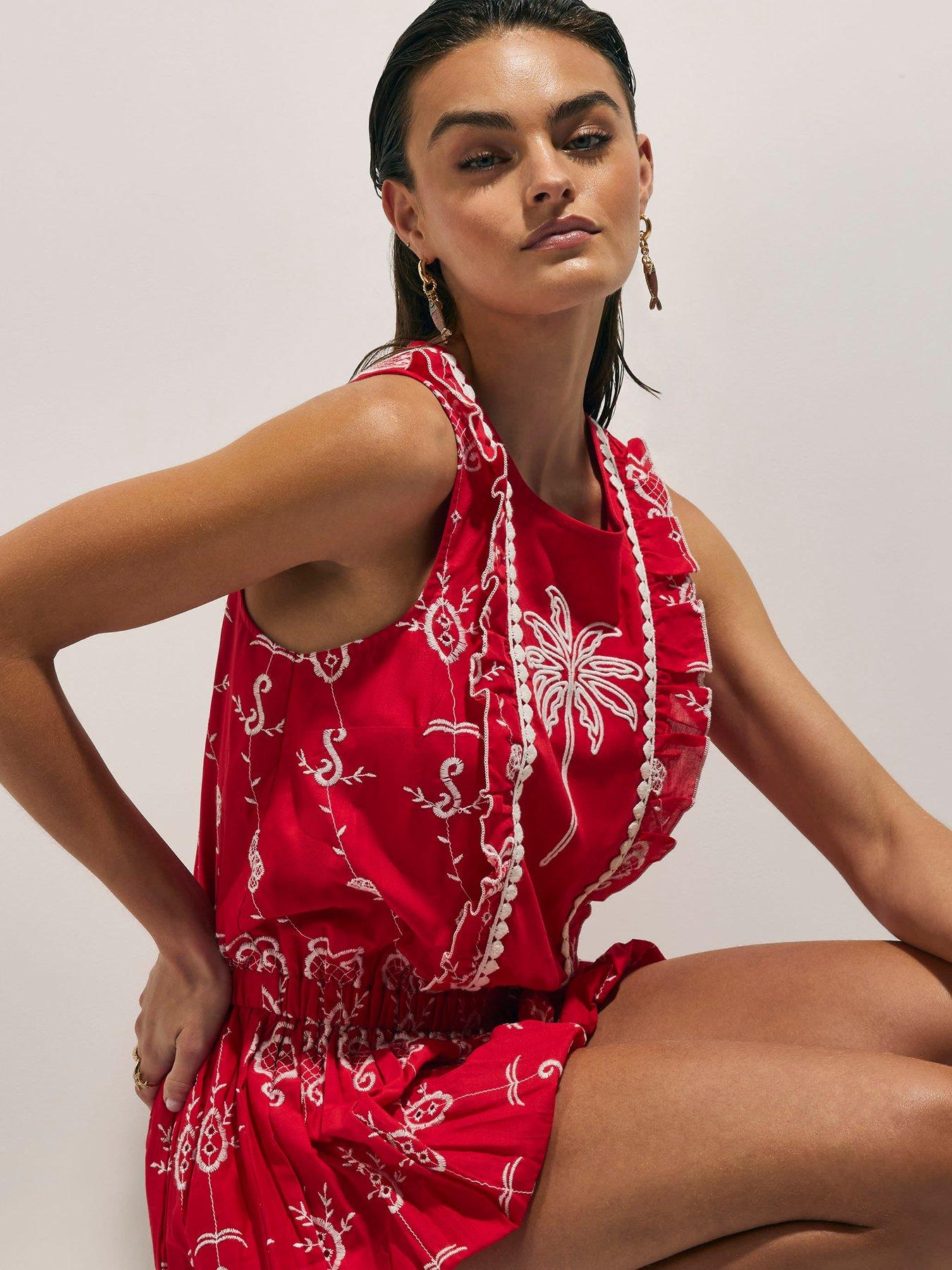 Image 4 of 6 of River Island Tropical Print Embroidered Playsuit - Red