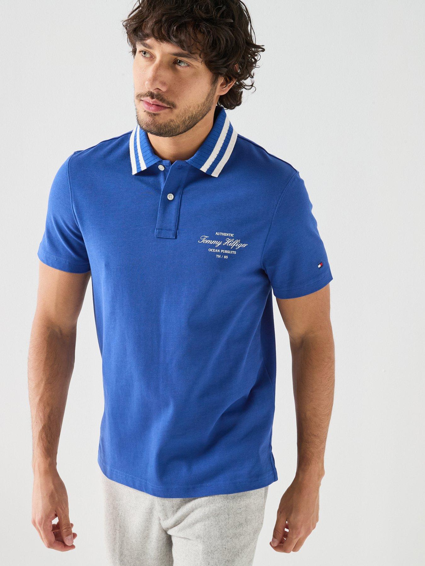 Image 1 of 6 of Tommy Hilfiger Left Chest Logo Tipped Polo Shirt - Blue