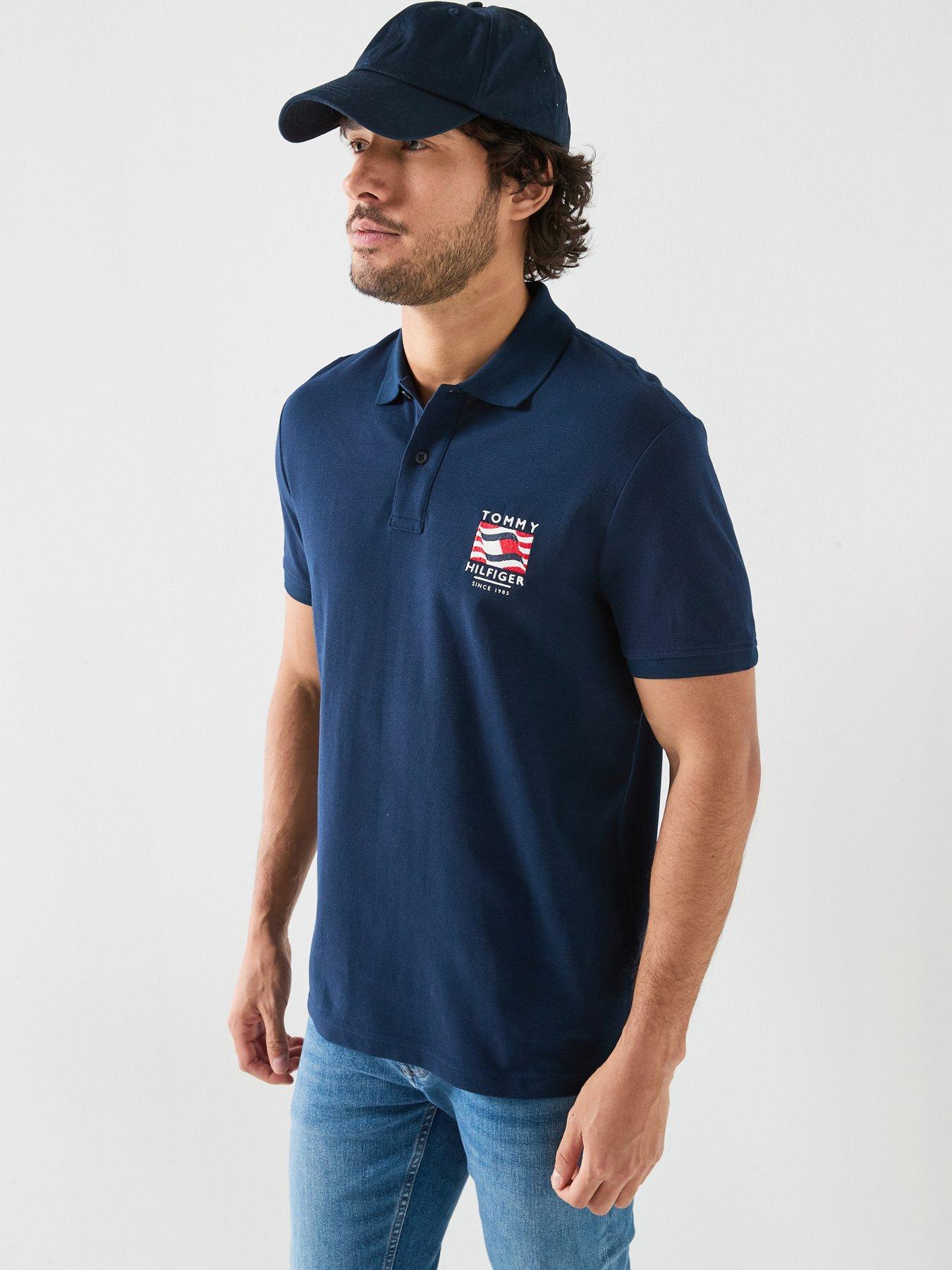 Image 1 of 6 of Tommy Hilfiger Americana Flag Logo Regular Fit Polo Shirt - Navy