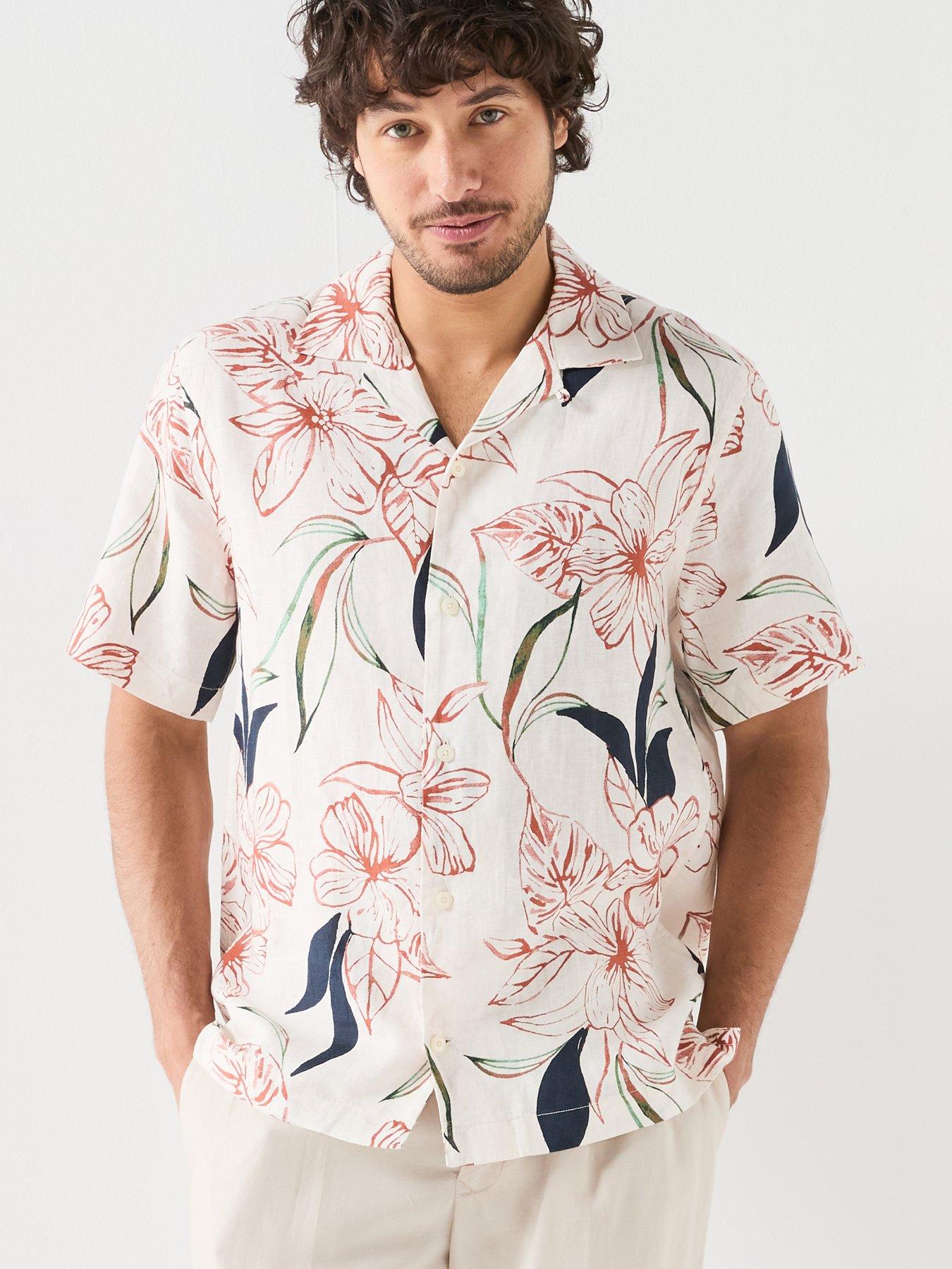 Image 1 of 6 of Tommy Hilfiger Linen Printed Short Sleeve Resort Shirt - White