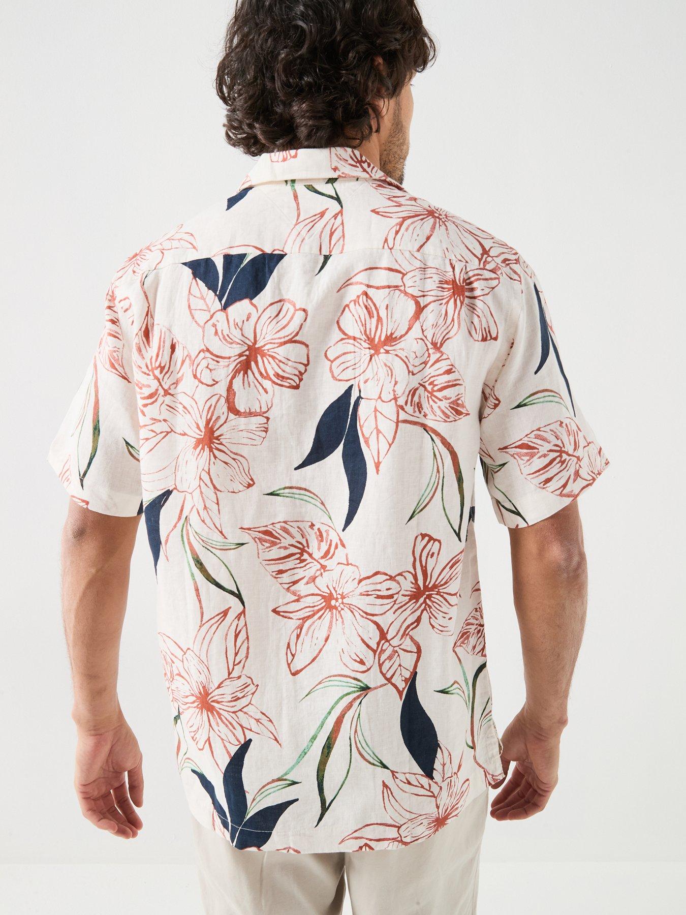 Image 2 of 6 of Tommy Hilfiger Linen Printed Short Sleeve Resort Shirt - White