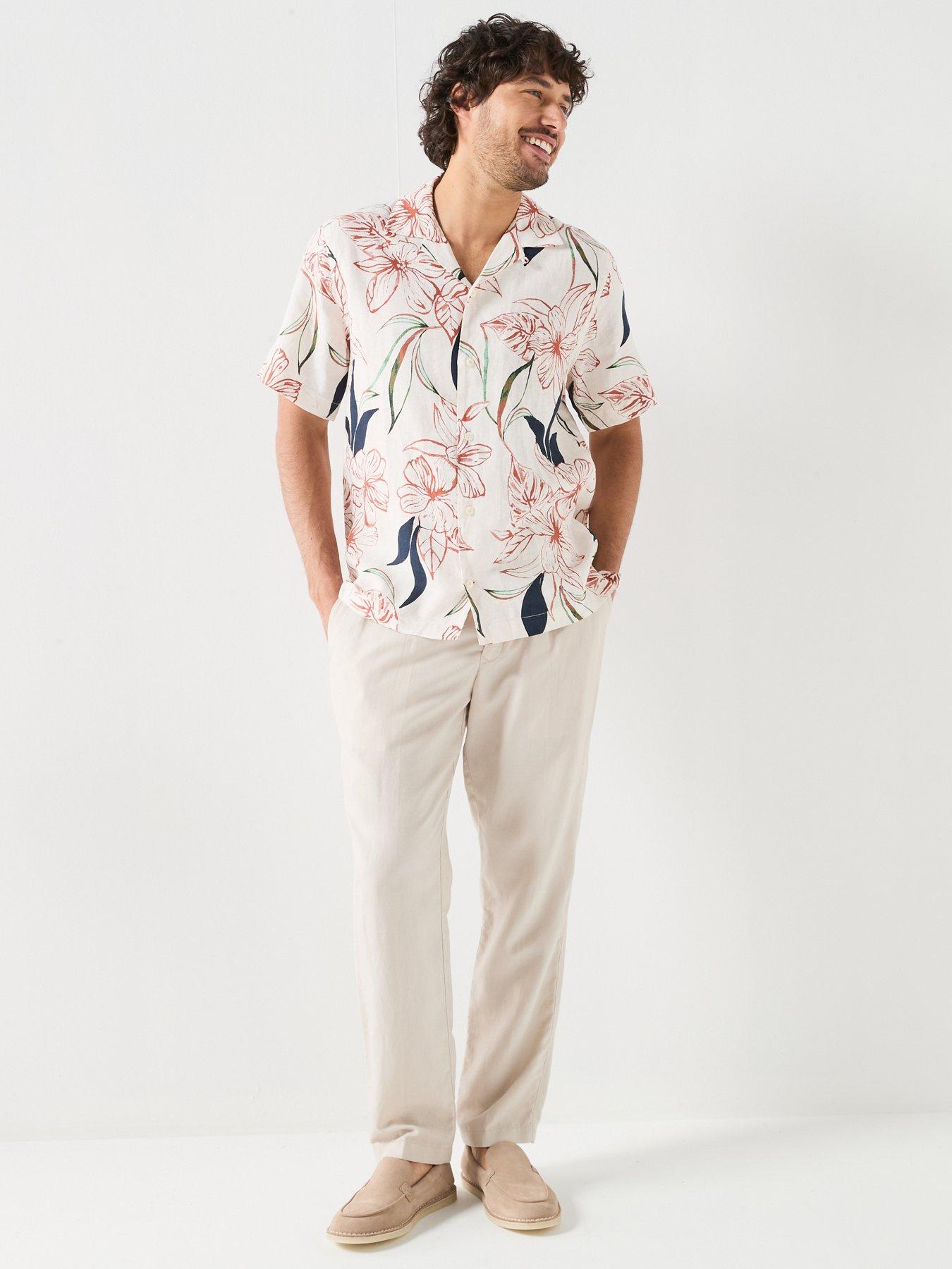 Image 3 of 6 of Tommy Hilfiger Linen Printed Short Sleeve Resort Shirt - White
