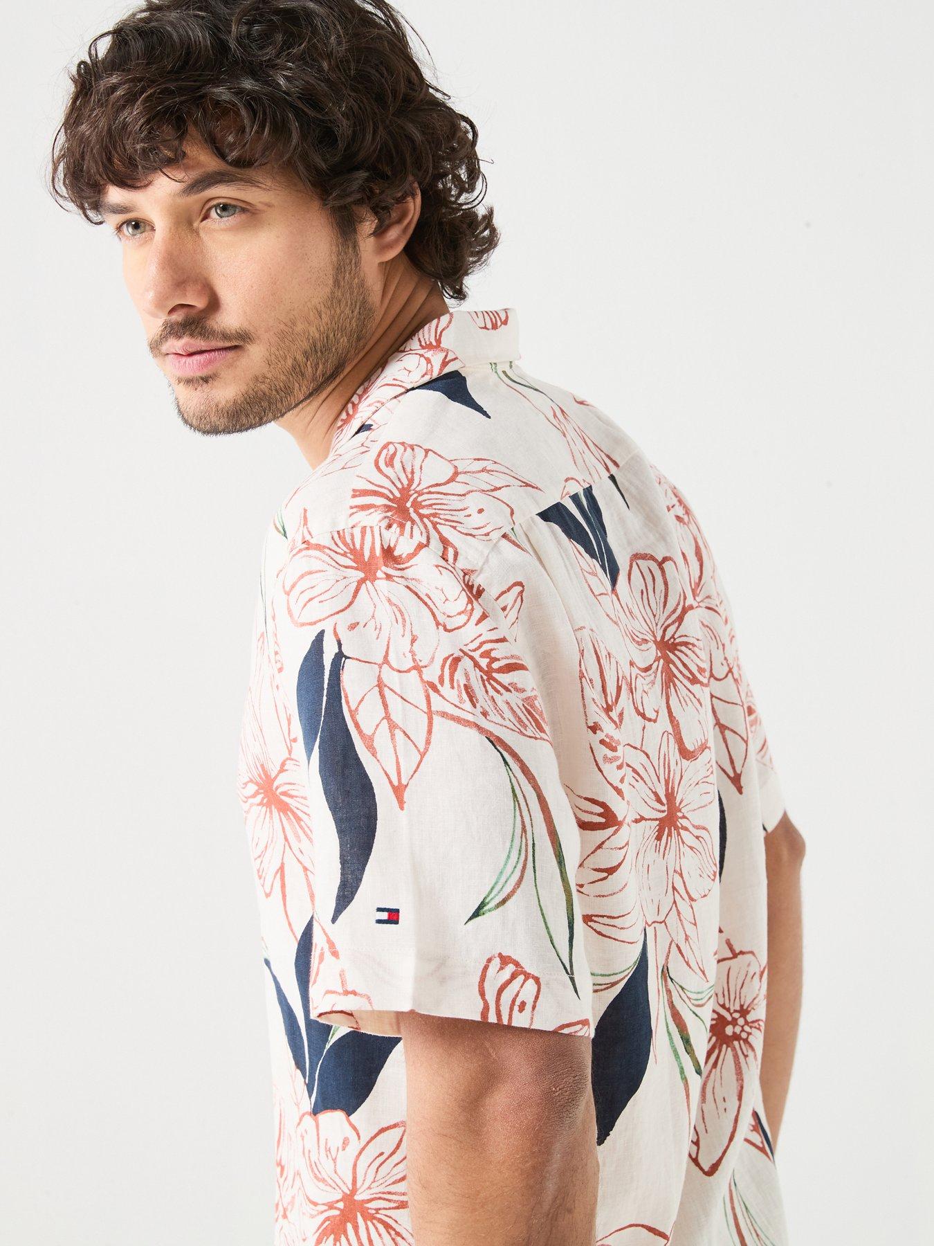 Image 4 of 6 of Tommy Hilfiger Linen Printed Short Sleeve Resort Shirt - White