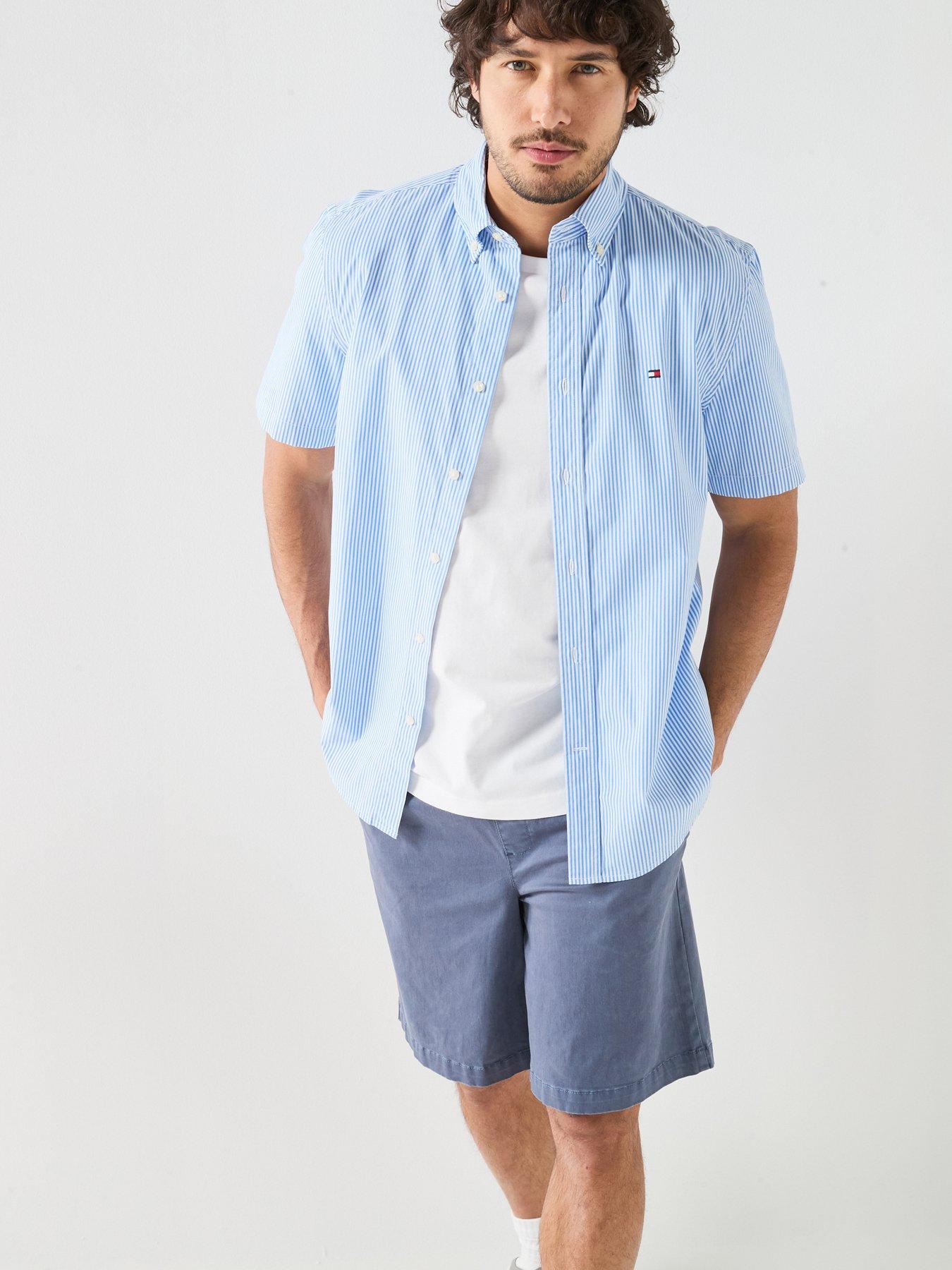Tommy Hilfiger Striped Poplin Short Sleeve Shirt - Blue