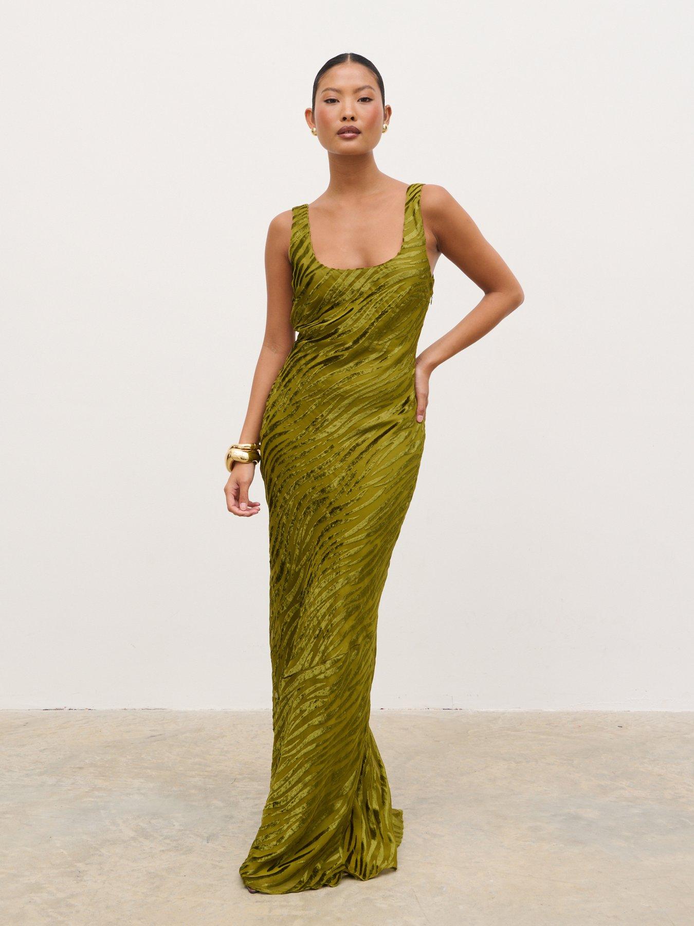 Image 1 of 4 of Pretty Lavish Kendall Scoop Devore Maxi Dress - Tarragon