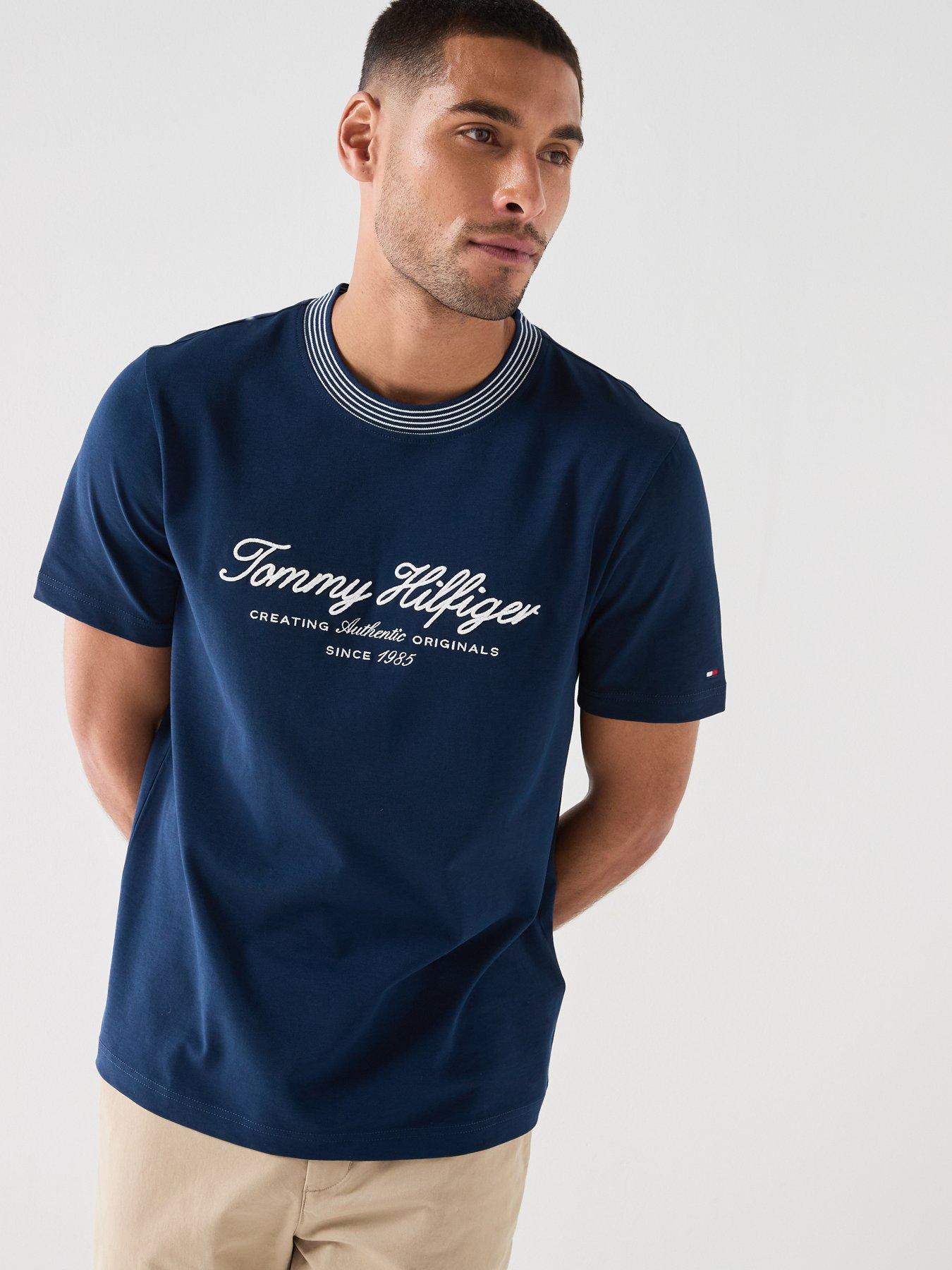 Image 1 of 5 of Tommy Hilfiger Nautical Script Logo Tipped Collar T-Shirt - Navy