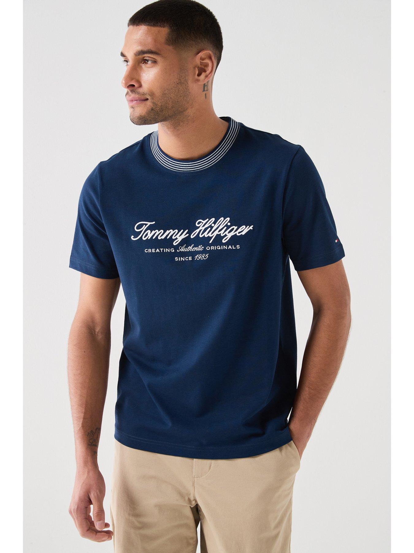 Image 5 of 5 of Tommy Hilfiger Nautical Script Logo Tipped Collar T-Shirt - Navy