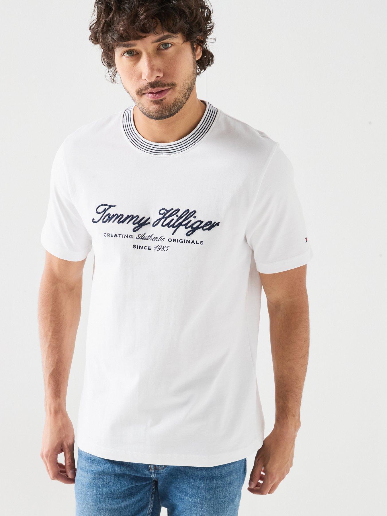Image 1 of 6 of Tommy Hilfiger Nautical Script Logo Tipped Collar T-Shirt - White