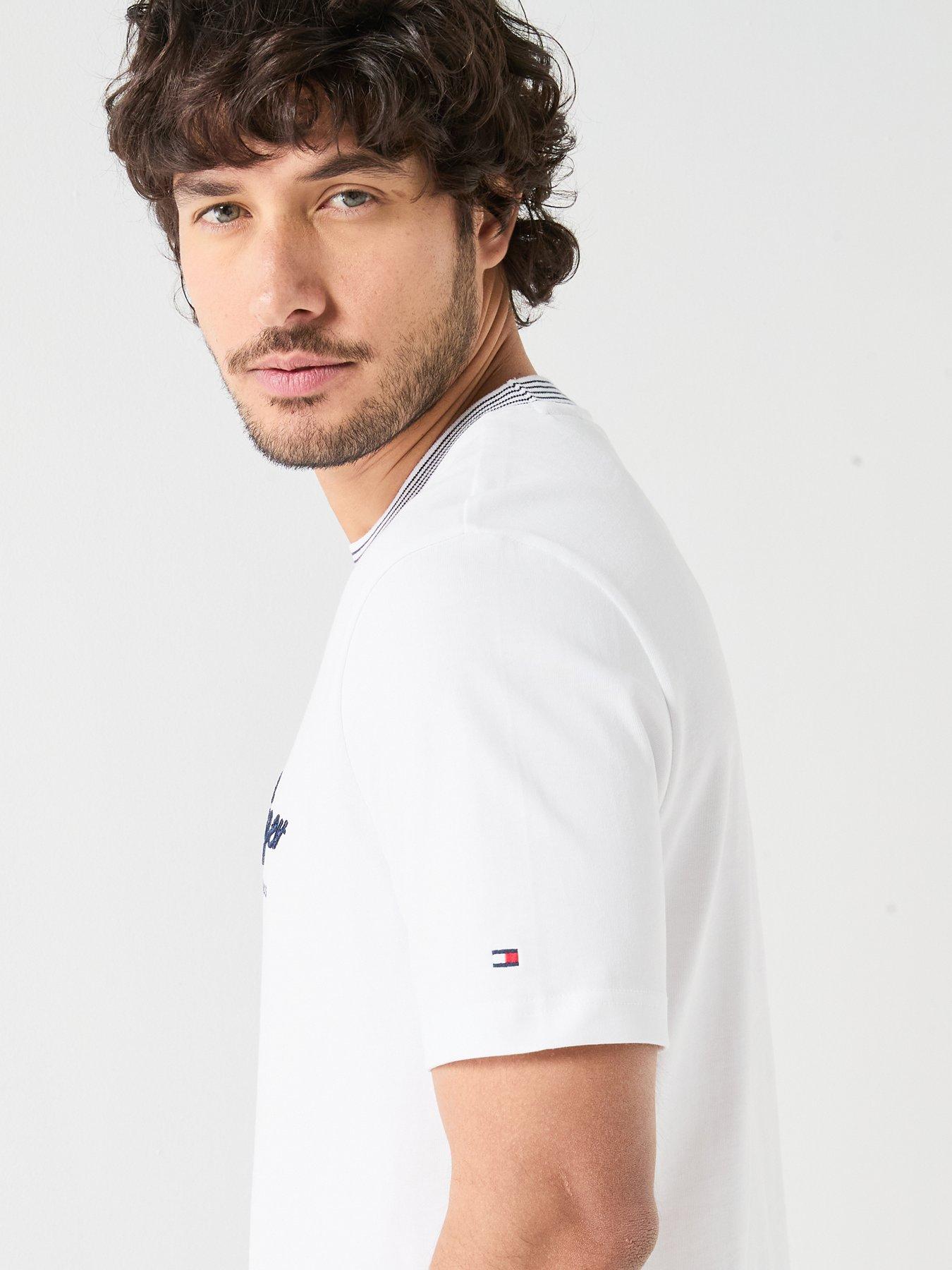 Image 4 of 6 of Tommy Hilfiger Nautical Script Logo Tipped Collar T-Shirt - White
