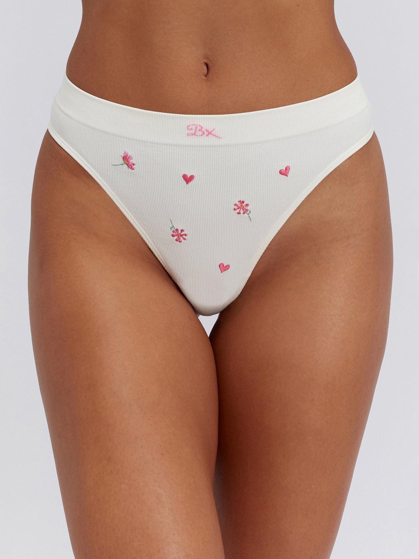 Boux Avenue Floral Embroidered Seamless Thong - Ivory