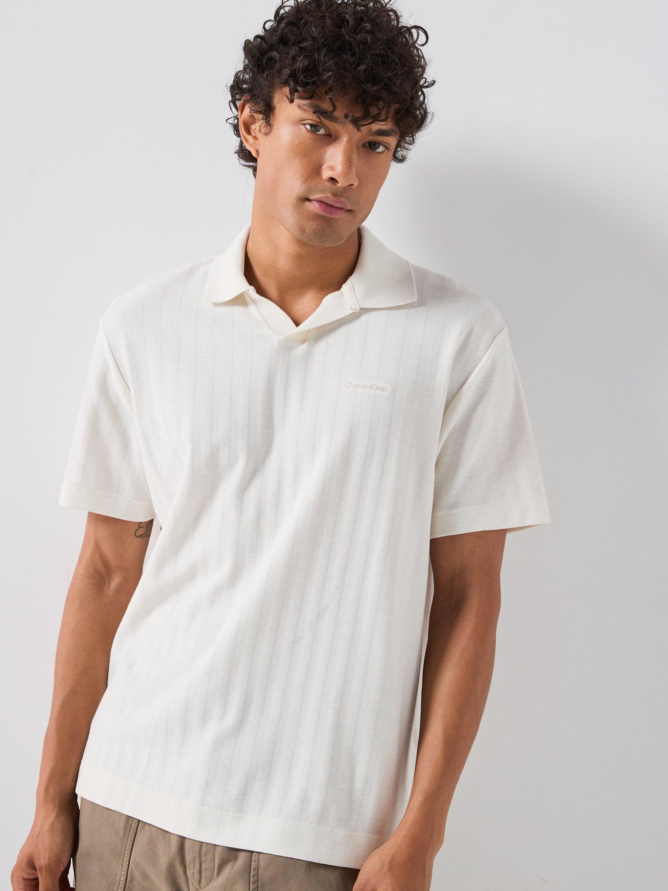 Calvin Klein Vertical Stripe Textured Open Collar Polo Shirt - Off White