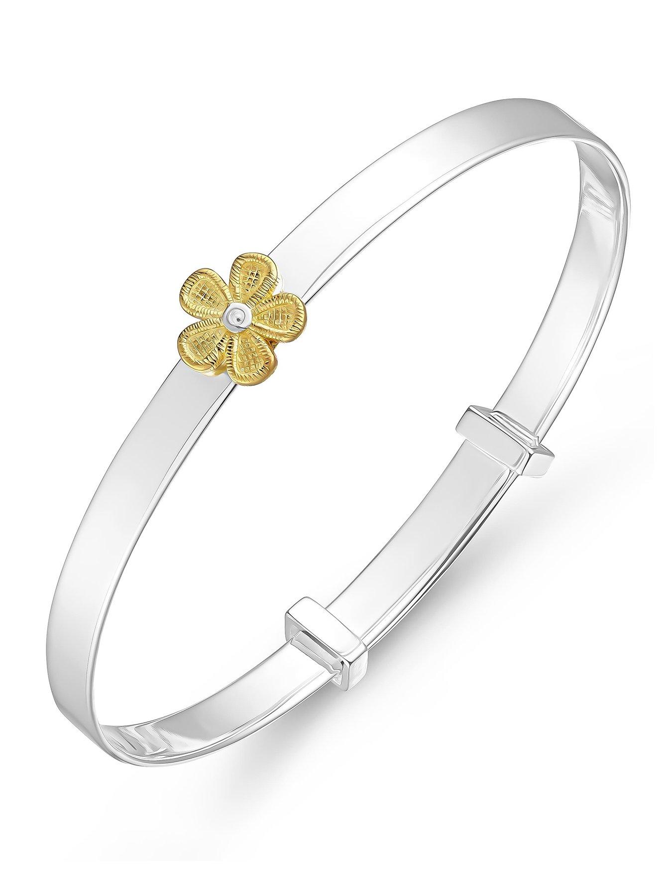 Image 1 of 3 of Beaverbrooks Sterling Silver Yellow Gold Plated Diamond Flower Bangle
