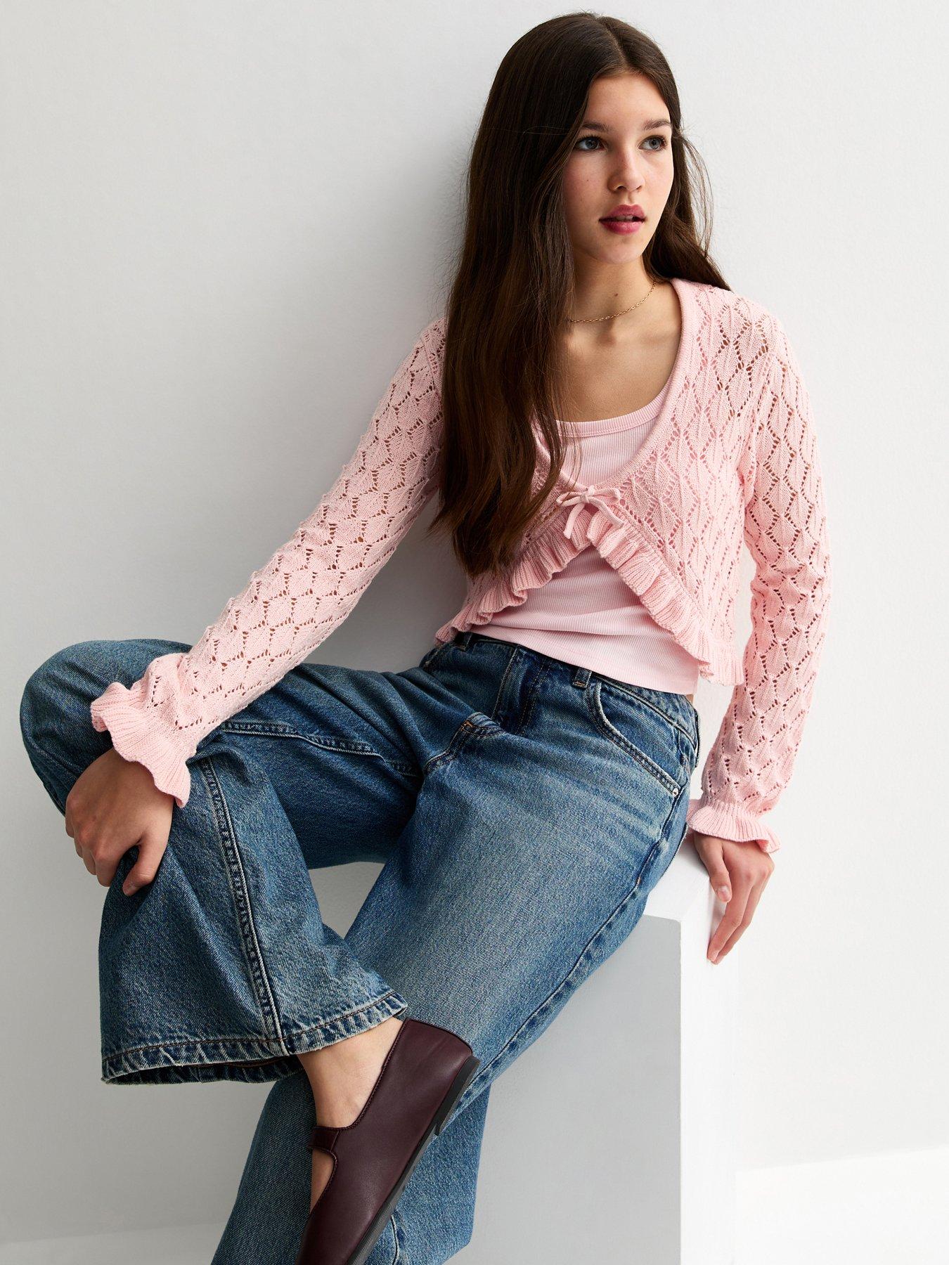 New Look 915 Girls Ruffled Crochet Cardigan - Light Pink