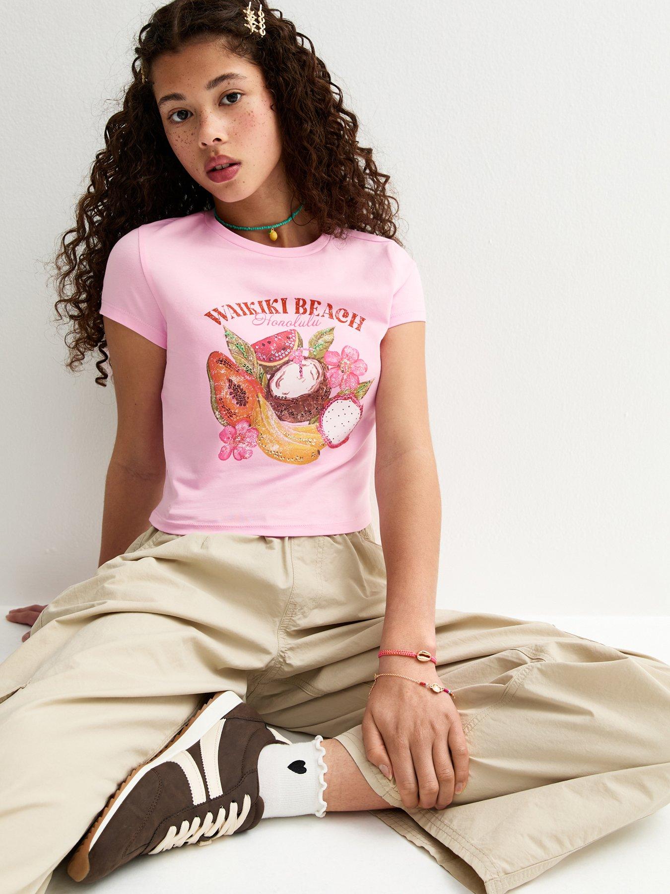 New Look 915 Girls Tropical Fruit Print Sequin Embellished Cap Sleeve T-Shirt - Pink