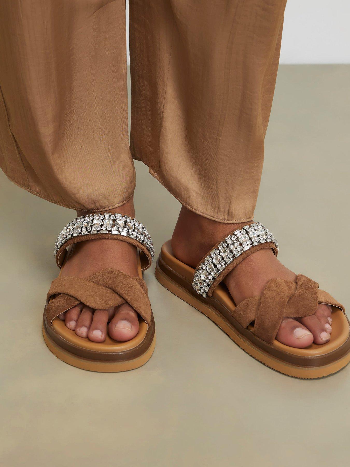 River Island Camel Cross Strap Bling Sandals - Beige