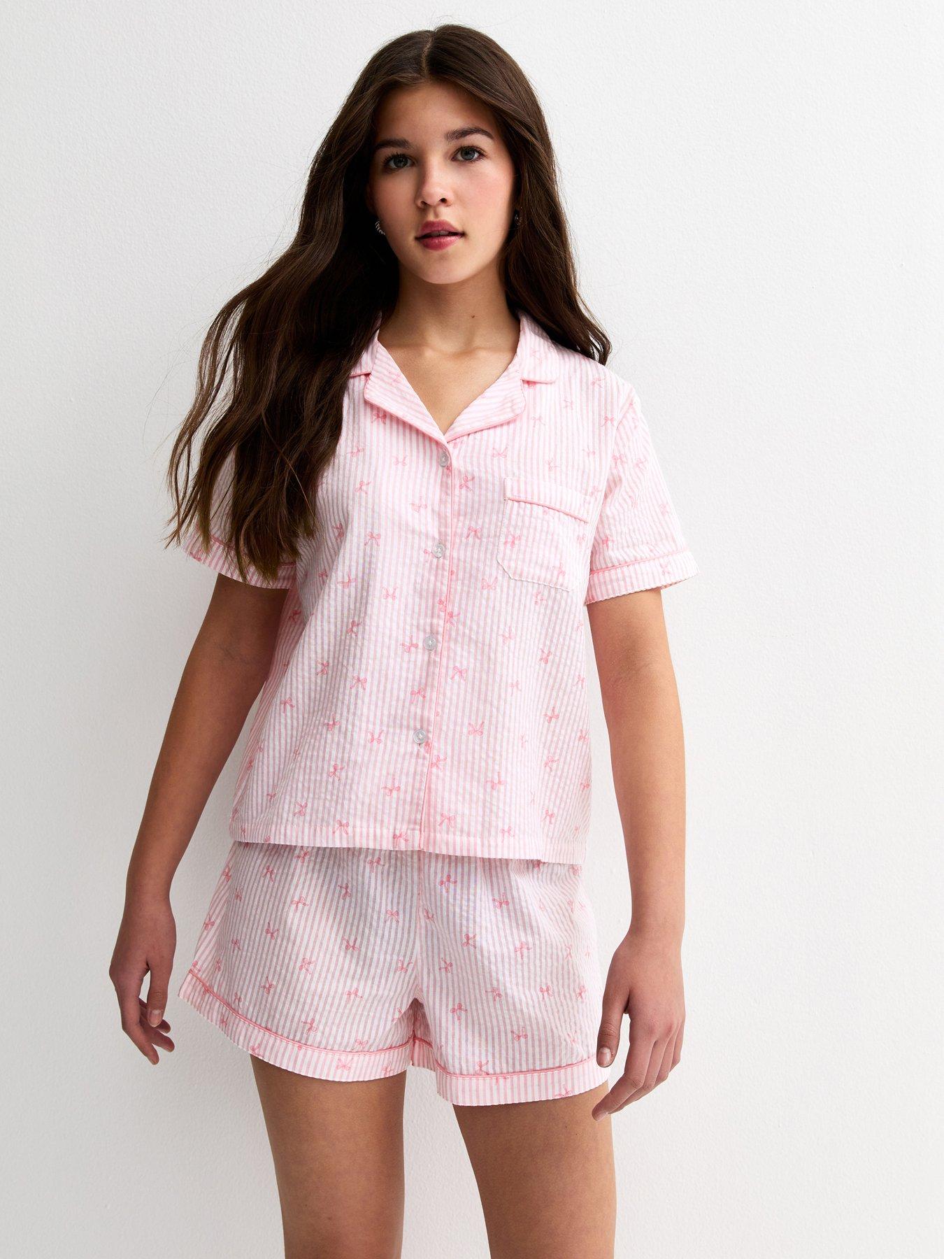 Image 1 of 5 of New Look 915 Girls Stripe Bow Revere Collar Shirt And Shorts Pyjama Set - Light Pink