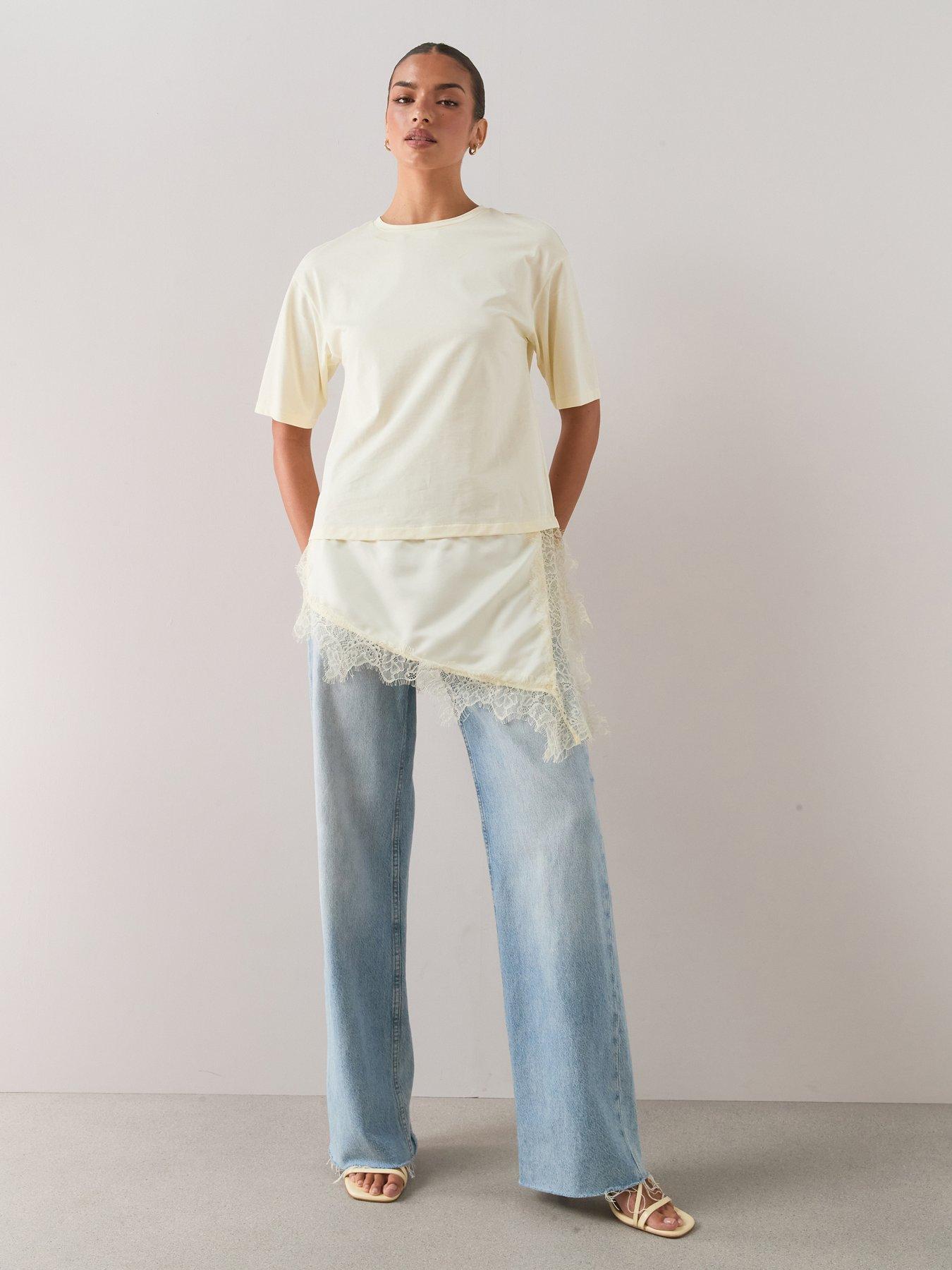 The Very Collection Satin And Lace Trim Asymmetric Hem Tshirt- Lemon