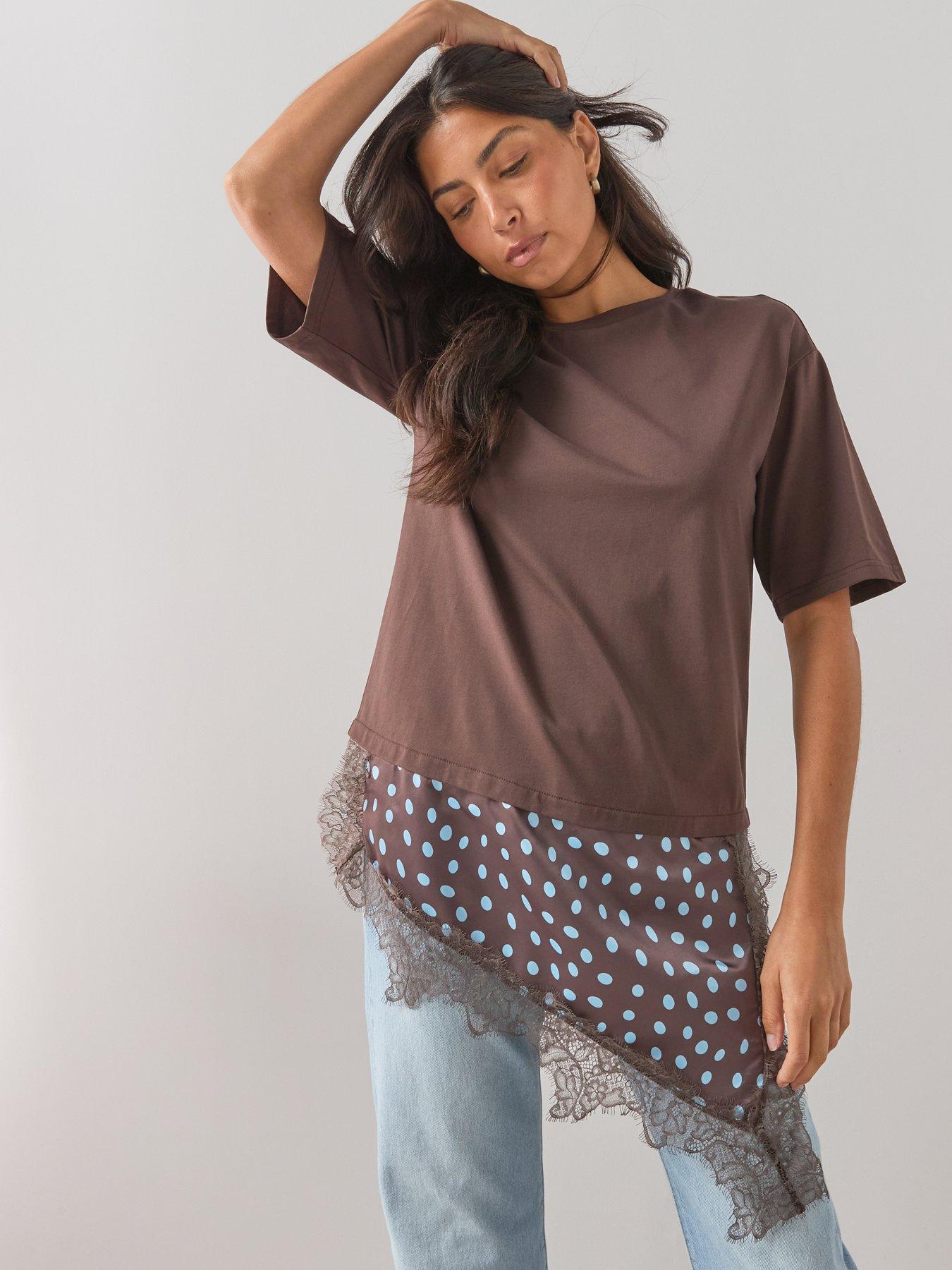 Image 1 of 7 of The Very Collection Spot Satin And Lace Trim Asymmetric Hem Tshirt- Brown