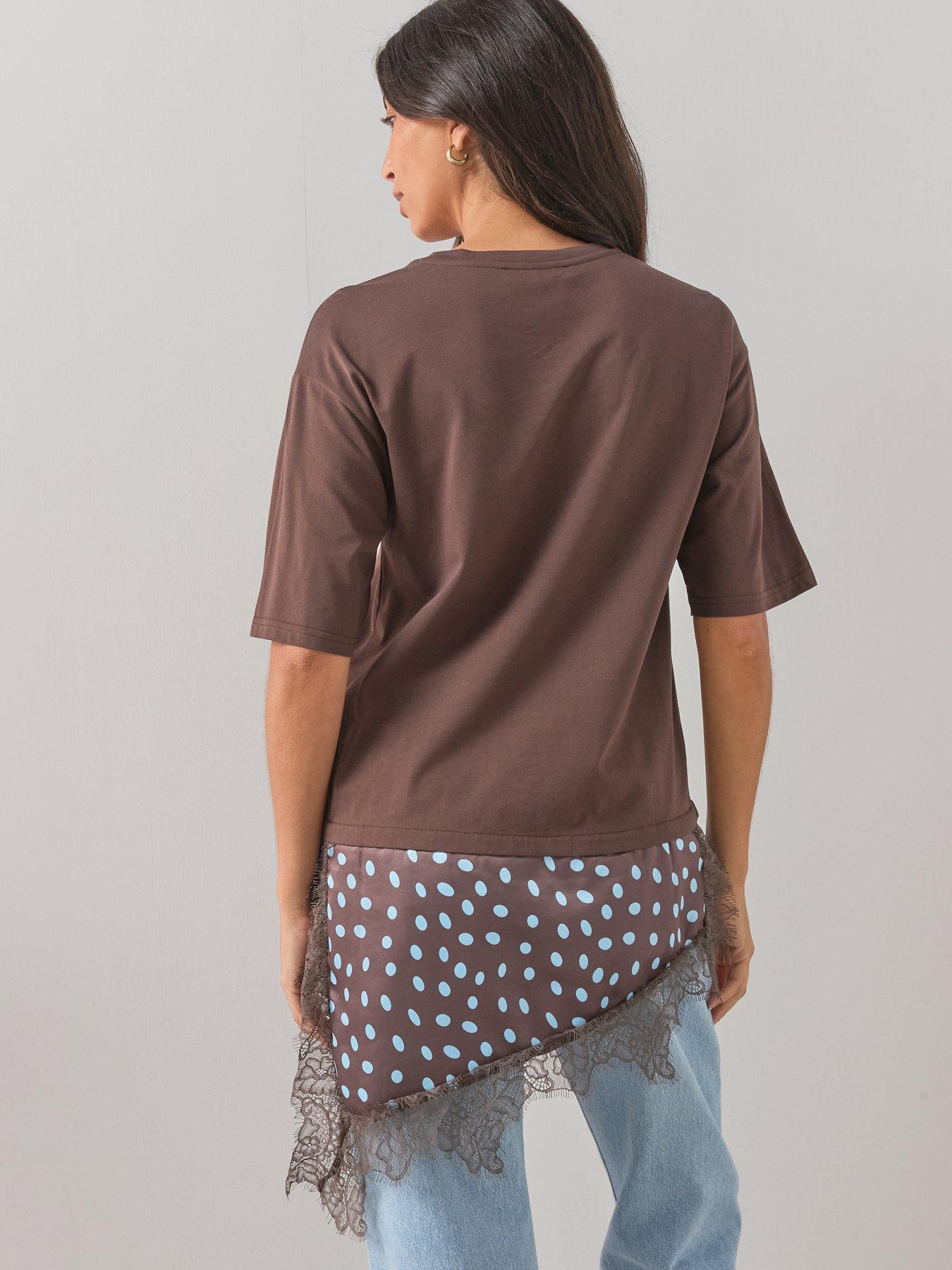 Image 2 of 7 of The Very Collection Spot Satin And Lace Trim Asymmetric Hem Tshirt- Brown