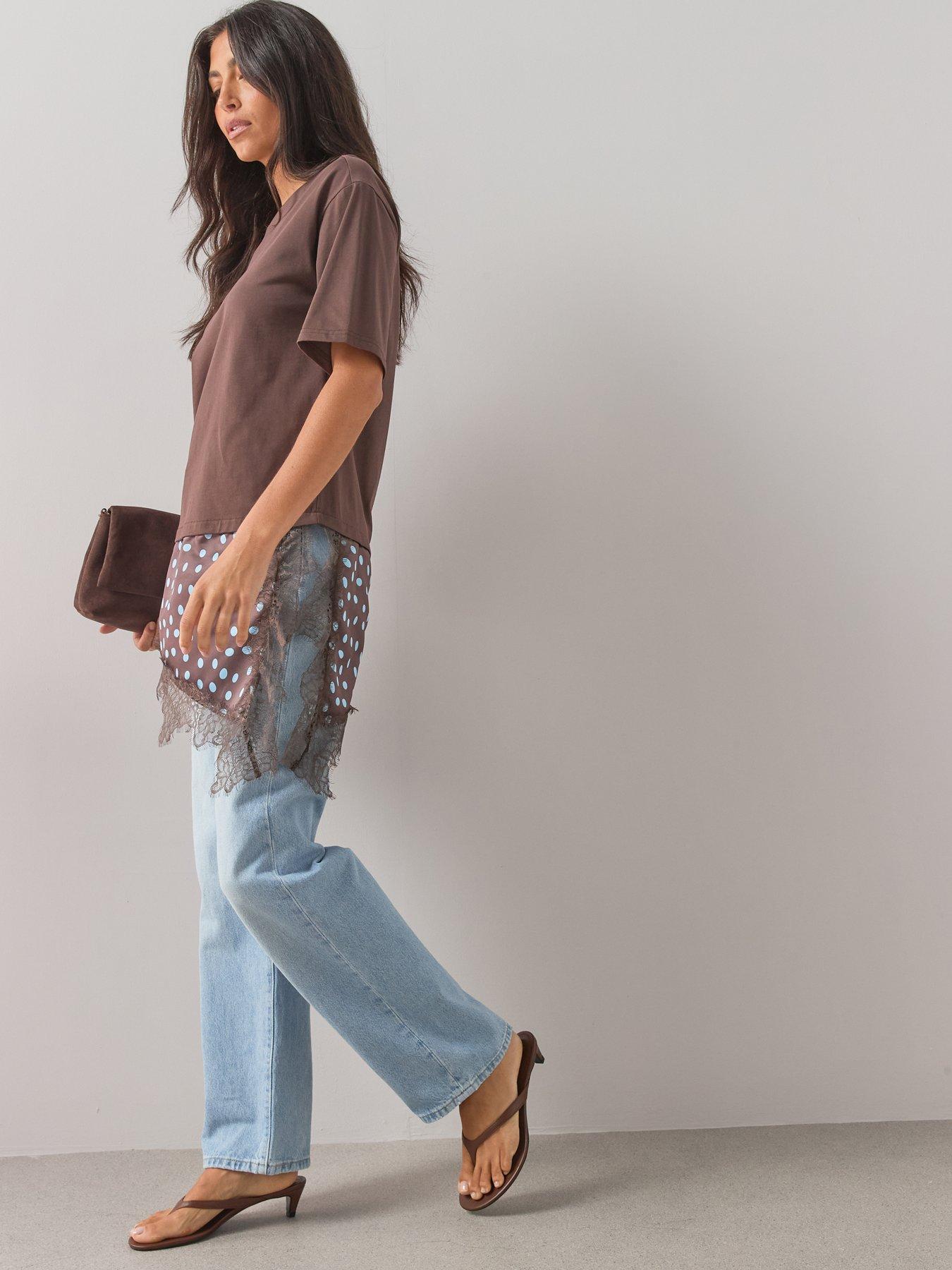 Image 3 of 7 of The Very Collection Spot Satin And Lace Trim Asymmetric Hem Tshirt- Brown